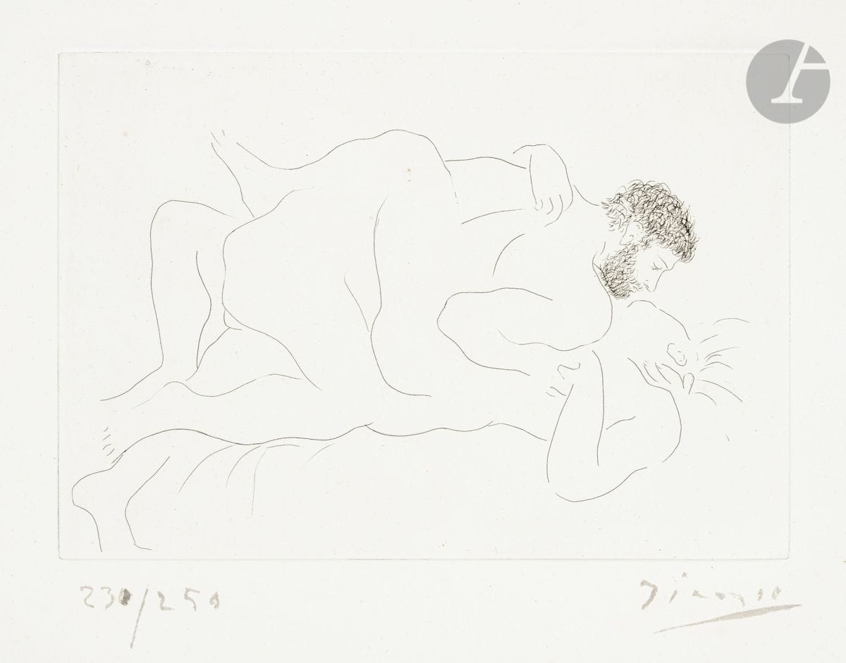 Pablo Picasso (1881-1973
)Man and Woman. 1927. Etching. 280 x 196. Bloch 77; Baer 118 b 2; Johnson 91. Very nice proof on strong white vellum, numbered and signed in brush and sepia ink. A few rare light freckles (including one to the left of the figures in the upper left corner of the copper and two small ones on the woman's bent knee). All margins untrimmed. Edition of 250 proofs. A. Vollard ed.
