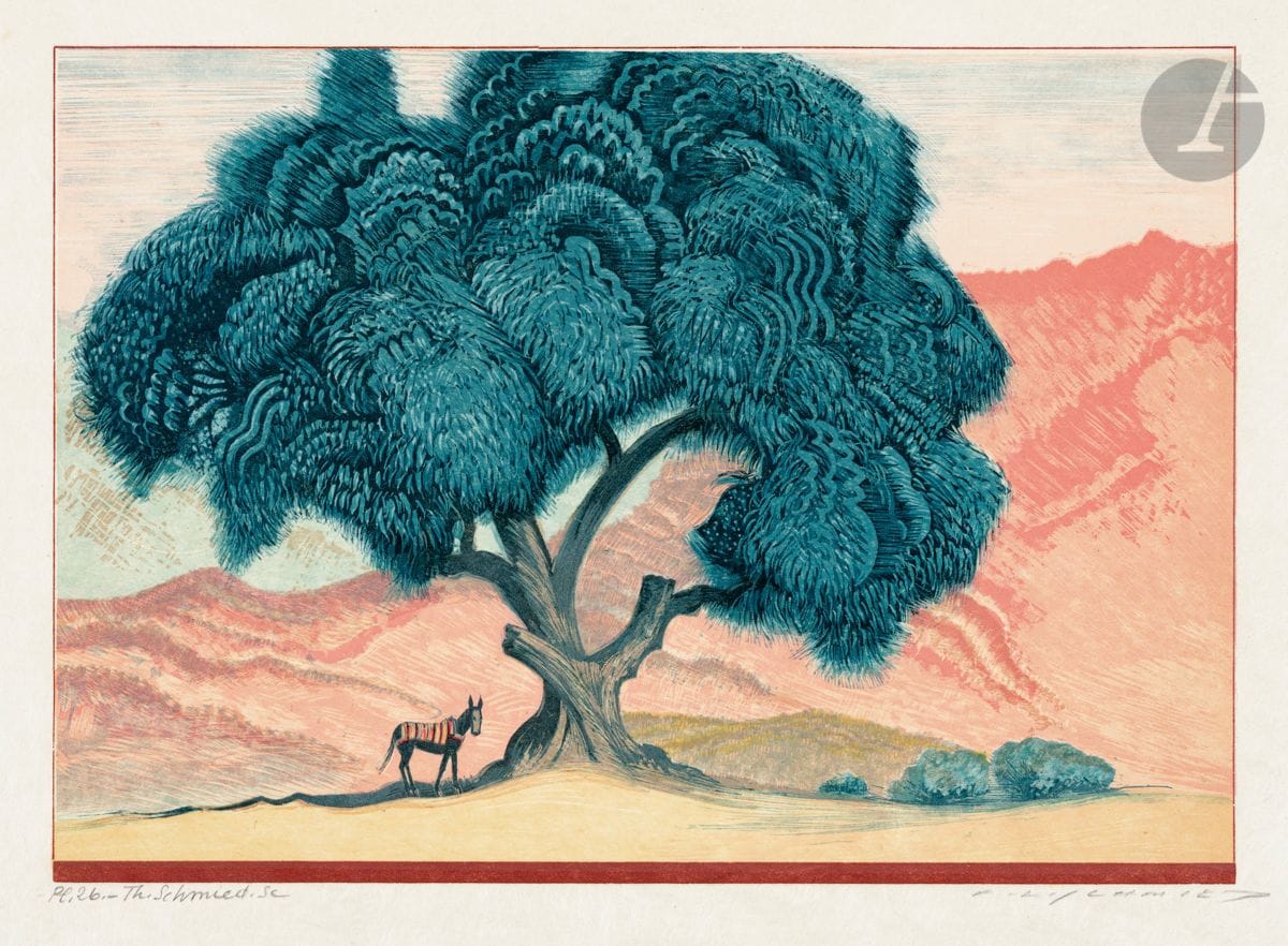 François-Louis Schmied (1873-1941) 
Pl. 16, 23 et 26 (sur 30) pour l’ouvrage Sud-marocain. Grand-Atlas. Anti-Atlas. Texte du Général Catroux commandant la région de Marrakech. Paris, Théo Schmied, 1936. Gravure sur bois par Théo Schmied sur les dessins de son père F.-L. Schmied. [405-410 x 320-325]. Impression en couleurs. Très belles et fraîches épreuves sur japon nacré, annotées et signées au crayon par les deux artistes. Toutes marges.