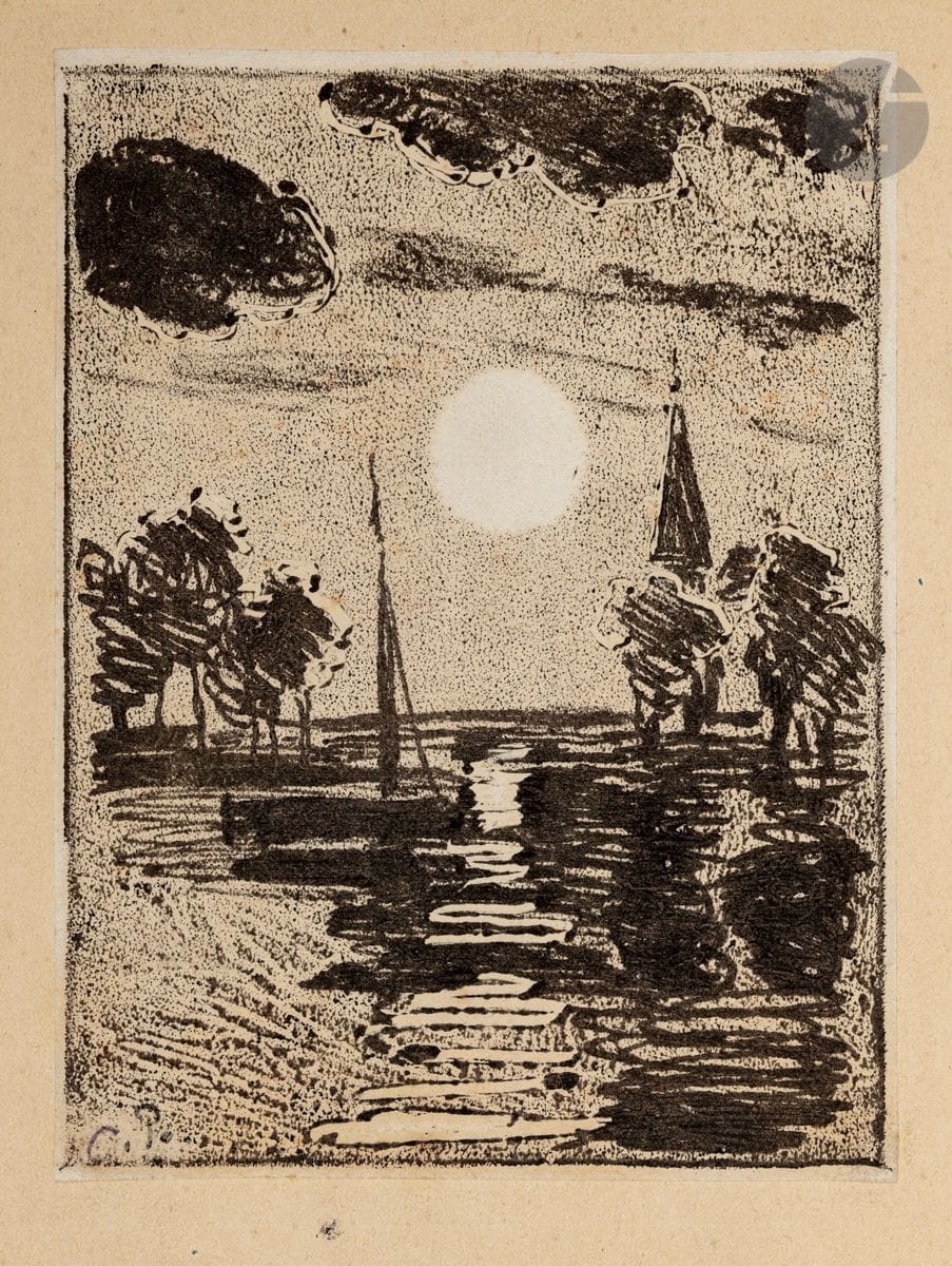 Camille Pissarro (1830-1903
)Landscape in the moonlight. Monotyped soft varnish (on zinc?). 100 x 133. Delteil, Cailac not described. A very fine proof on thin vellum pasted on ivory vellum, stamped, bearing on the verso the mention "Ce vernis mou / est de mon Père Camille Pissarro", signed by Manzana-Pissarro. 
 We cannot guarantee that the stamp of the initials visible in the lower left corner is the artist's (Lugt 613e) and not a variant (as reported by Lugt). 
 Georges Henri Pissarro, known as Georges Manzana-Pissarro (1871-1961) was the 3rd son of Camille Pissarro and an artist himself.


