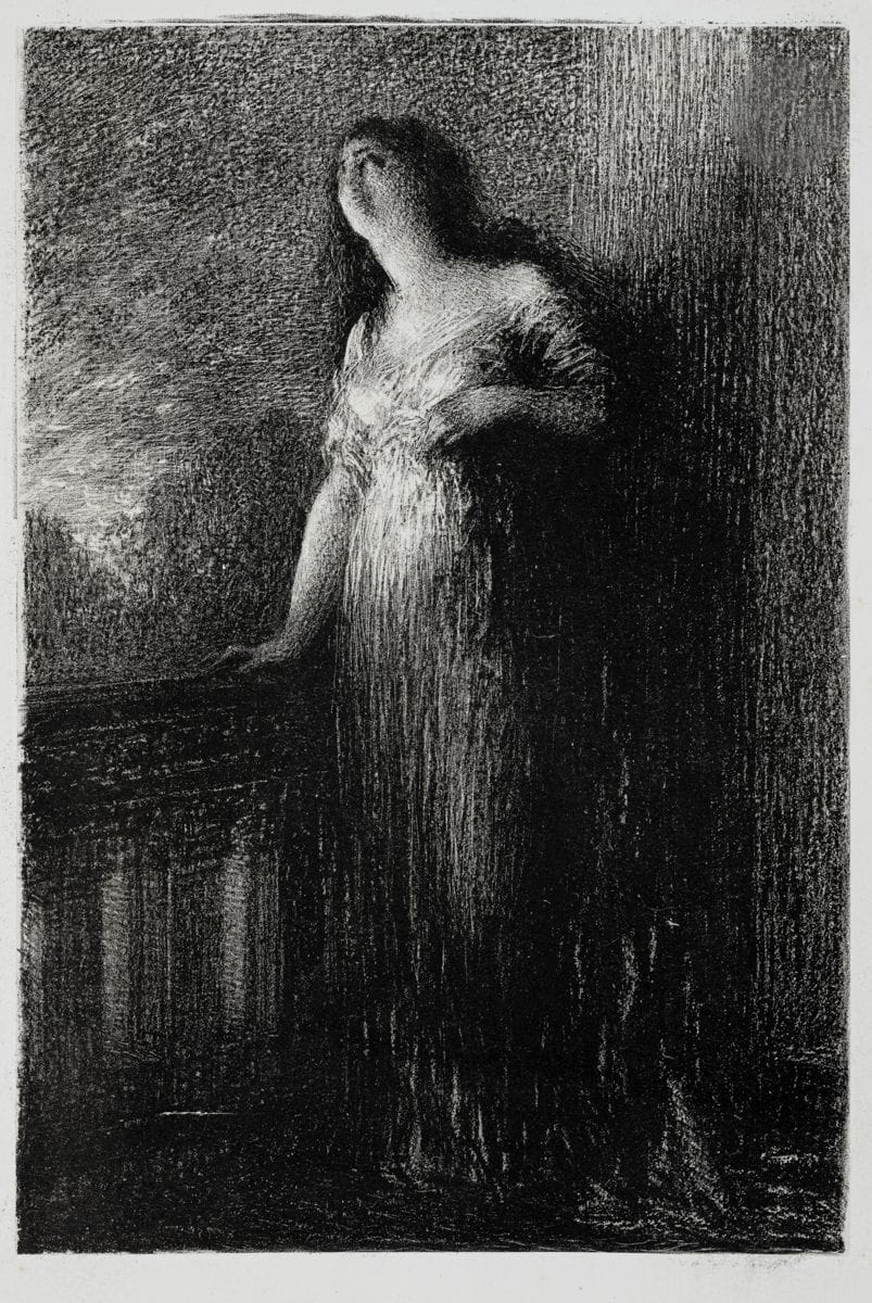 Henri Fantin-Latour (1836-1904)
Roméo et Juliette : confidence à la Nuit. Lithographie. 152 x 226. Hédiard-Mason 82. Très belle épreuve sur chine appliqué. Infimes rousseurs claires. Toutes marges.