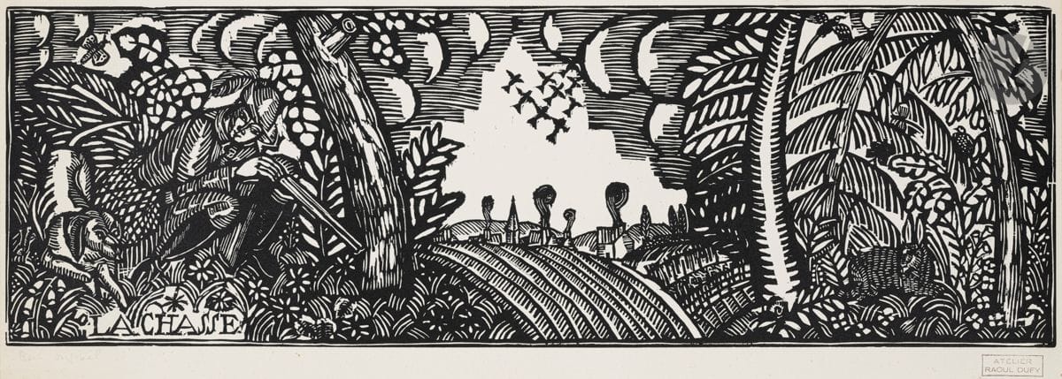 Raoul Dufy (1877-1953)
La Chasse. Vers 1906. Bois gravé. 640 x 208. Belle épreuve d’un tirage moderne (vers 1950-1960) sur vélin fort, revêtue du timbre de l’atelier. Petites maculatures en pied sous le sujet. Légère oxydation dans les marges inférieure et supérieure. Marges non équilibrées (très courtes latéralement).