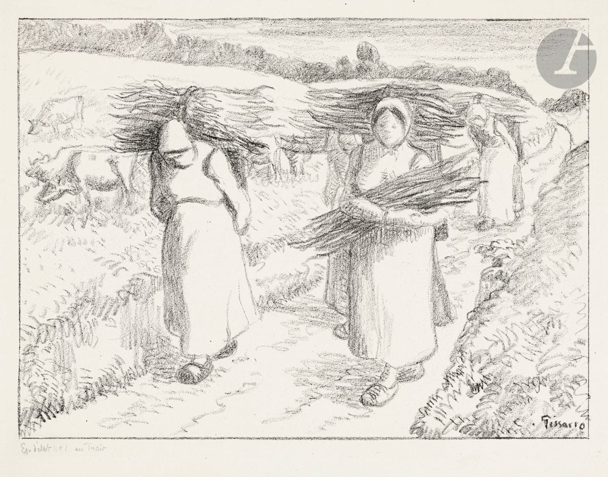 Camille Pissarro (1830-1903)
Paysannes portant des fagots. Vers 1896. Lithographie. 284 x 210. Delteil-Cailac 152. Très belle et fraîche épreuve sur vélin fort ivoire, annotée au crayon « Ep. d’état n° 1 au Trait » puis titrée en pied. Toutes marges. Très rare. Tirage à 5 ou 6 épreuves du vivant de l’artiste (avant le tirage posthume à 18 épreuves).