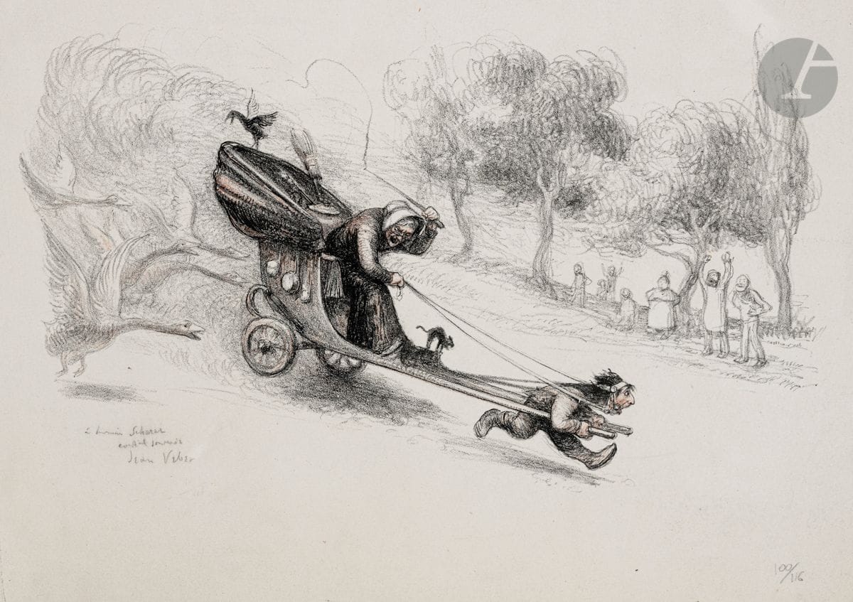Jean Veber (1864-1928
)Barbouillotte or The Witch's Move. 1906. Lithograph. 266 x 154. Veber and Lacroix 49. Printed in two tones (black and sanguine). Very nice proof on vellum, dedicated in pencil "to Monsieur Scherer / friendly memory / Jean Veber", then numbered (by another hand). Small epidermal marks on the edges of the verso sheet. All margins untrimmed. Total edition of 116 proofs.
