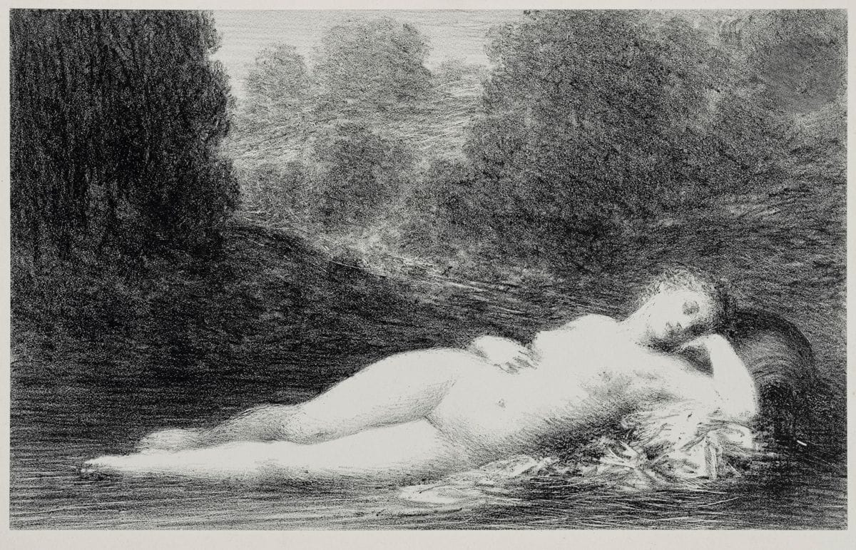 Henri Fantin-Latour (1836-1904)
Eau dormante. 1903. Lithographie. 218 x 135. Hédiard-Mason 173. Très belle épreuve sur vélin blanc. Quelques rousseurs claires et petite auréole claire aux bords du feuillet. Toutes marges.