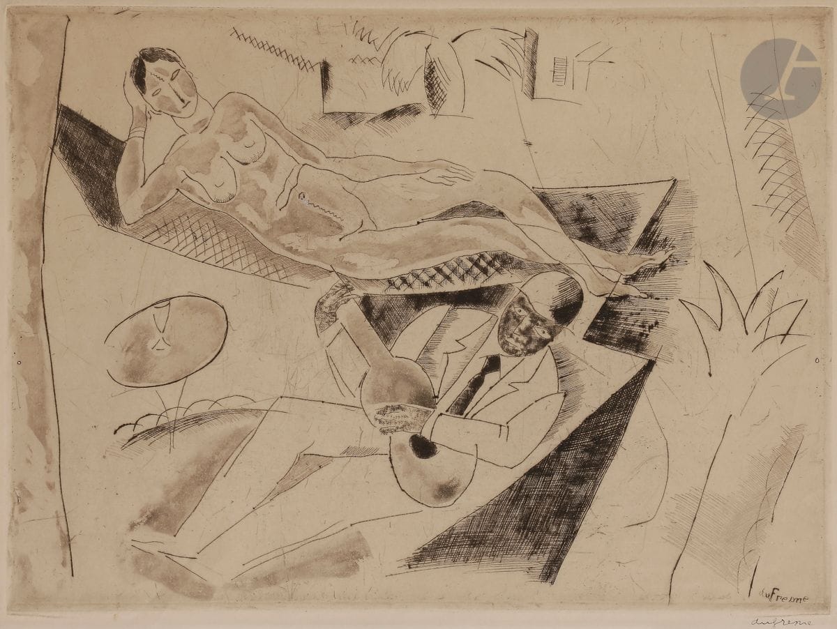 Charles Dufresne (1876-1938)
Le Banjo, ou Musique nègre. Vers 1921. Pointe sèche, roulette et lavis d’acide. 325 x 240. Dufresne 38. Belle épreuve sur vélin crème, revêtue d’une signature (non garantie) à la plume et à l’encre. Marges. Cadre.