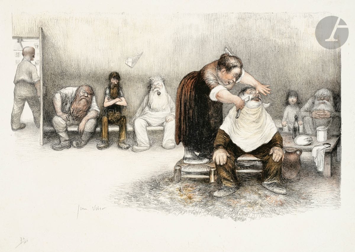 Jean Veber (1864-1928)
La Barbière. 1903. Lithographie. 410 x 260. Veber et Lacroix 80. Impression en couleurs. Belle épreuve sur vélin fort, signée et numérotée au crayon. Très claires rousseurs. Petite auréole d’humidité visible uniquement en pied au verso. Toutes marges. Tirage à 100 épreuves.