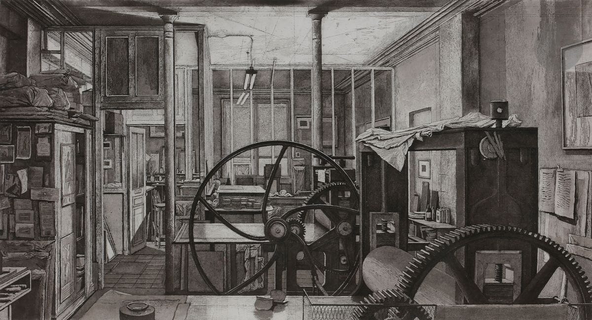 Érik Desmazières (né en 1948)
Atelier René Tazé VII. 2006. Eau-forte, aquatinte et roulette. 818 x 445. Fitch 198. Parfaite épreuve sur vélin blanc, numérotée, titrée, signée et datée au crayon. Toutes marges. Tirage à 90 épreuves. Cadre.