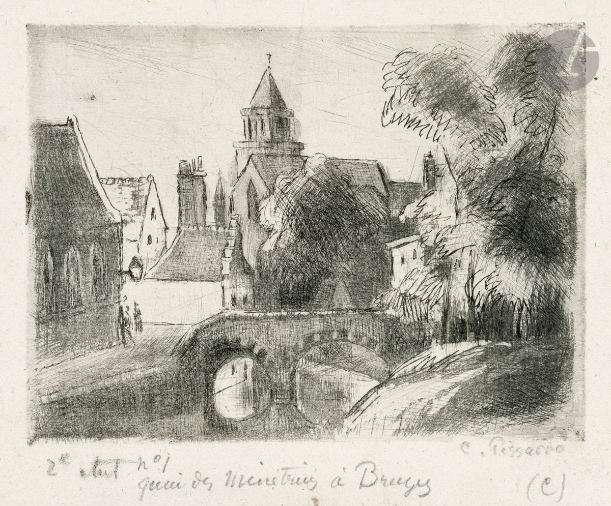Camille Pissarro (1830-1903)
Quai des Ménétriers à Bruges. 1894. Pointe sèche et aquatinte. 156 x 116. Delteil-Cailac 108. Très belle épreuve sur vergé mince provenant d’un ancien registre (avec court texte en hébreu à la plume en tête au verso – traduction : « Bénédiction du chef de l’État »), du 2e état (sur 10), avant les nouvelles tailles, notamment dans le pignon de la maison au fond à gauche et dans le ciel, annotée au crayon « 2e état n° 1 Quai des Ménétriers à Bruges » puis signée et annotée « (C) » en bas à droite. Infimes salissures (normales). Toutes marges. De toute rareté. Tirage définitif à une dizaine d’épreuves du vivant de l’artiste (avant le tirage posthume à 19 épreuves).