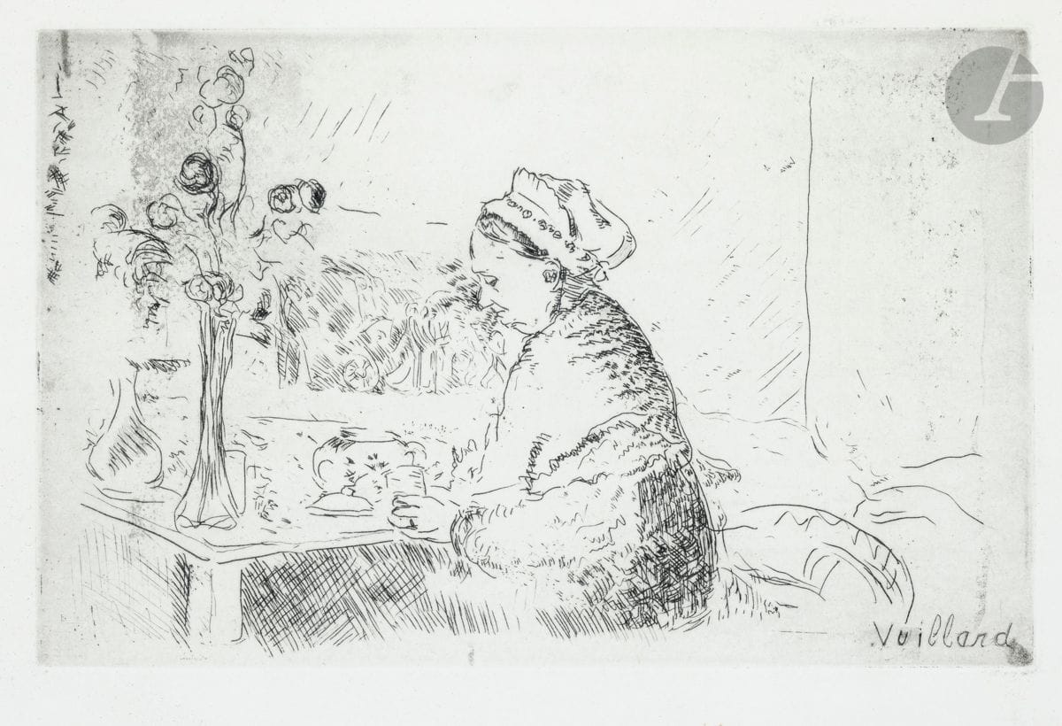 Édouard Vuillard (1864-1940)
La Femme au bouquet (La Mère de l’artiste). Vers 1924. Eau-forte. 215 x 135. Roger-Marx 67. Belle épreuve en tirage moderne sur vélin blanc. Marges. Cadre.