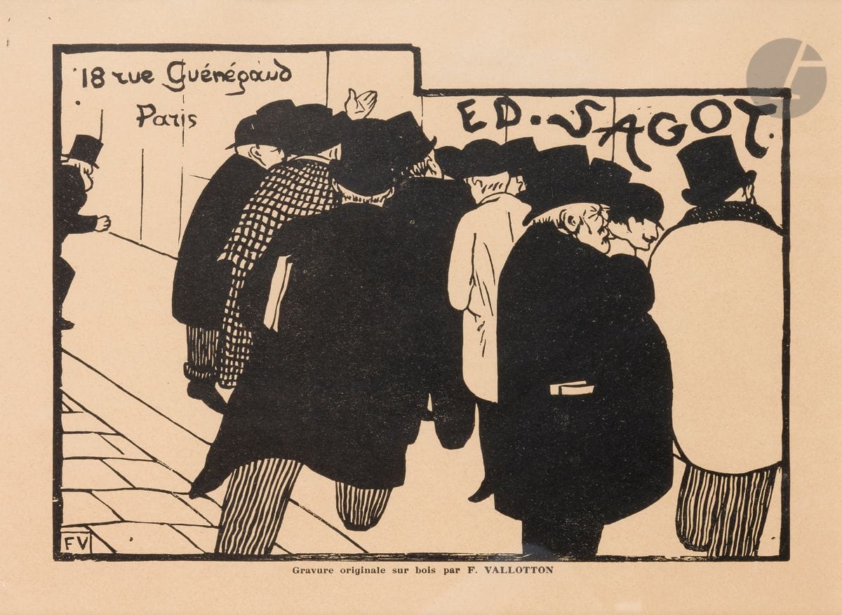 Félix Vallotton (1865-1925)
Les Amateurs d’estampes. Carte-adresse pour Edmond Sagot. 1892. Bois gravé original. 252 x 187. Vallotton et Goerg 107 c. Très belle épreuve sur vélin glacé chamois. Toutes marges. Cadre (avec au verso carte de la maison Sagot-Le Garrec portant un envoi de Jean-Claude et Nicolas Romand).
