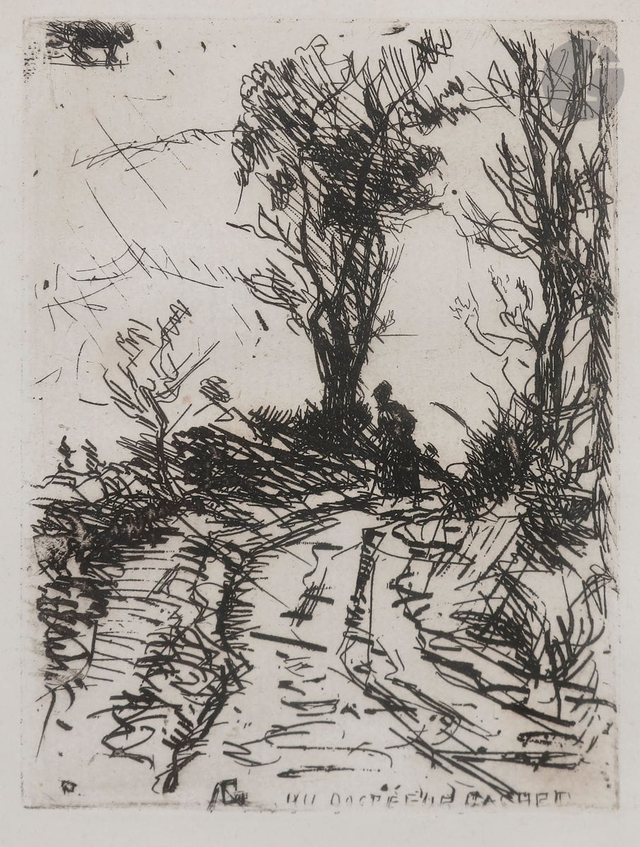 Armand Guillaumin (1841-1927)
Chemin creux aux Hautes-Bruyères. 1873. Eau-forte. 91 x 125. Kraemer 6. Très belle épreuve sur vergé blanc, portant en pied du cuivre la dédicace gravée « au Docteur Gachet ». Quelques rousseurs claires. Toutes marges. Cadre. 
« Au début des années 1870, il peint à Pontoise avec Pissarro. Il y développe son goût pour la peinture de paysages. Il exécute sa première eau-forte chez le docteur Gachet à Auvers-sur-Oise en 1872 ; Guillaumin en produira dix-sept tout au long de sa vie, ainsi que quelques lithographies en couleurs ». (Wikipédia). 
« La première eau-forte du docteur Paul-Ferdinand Gachet alias Louis Van Ryssel représentait ce même site. » (G. Kraemer, Armand Guillaumin 1841-1927, Gravures et lithographies, catalogue d’exposition, Ville de Clermont-Ferrand, 1995, p. 10).