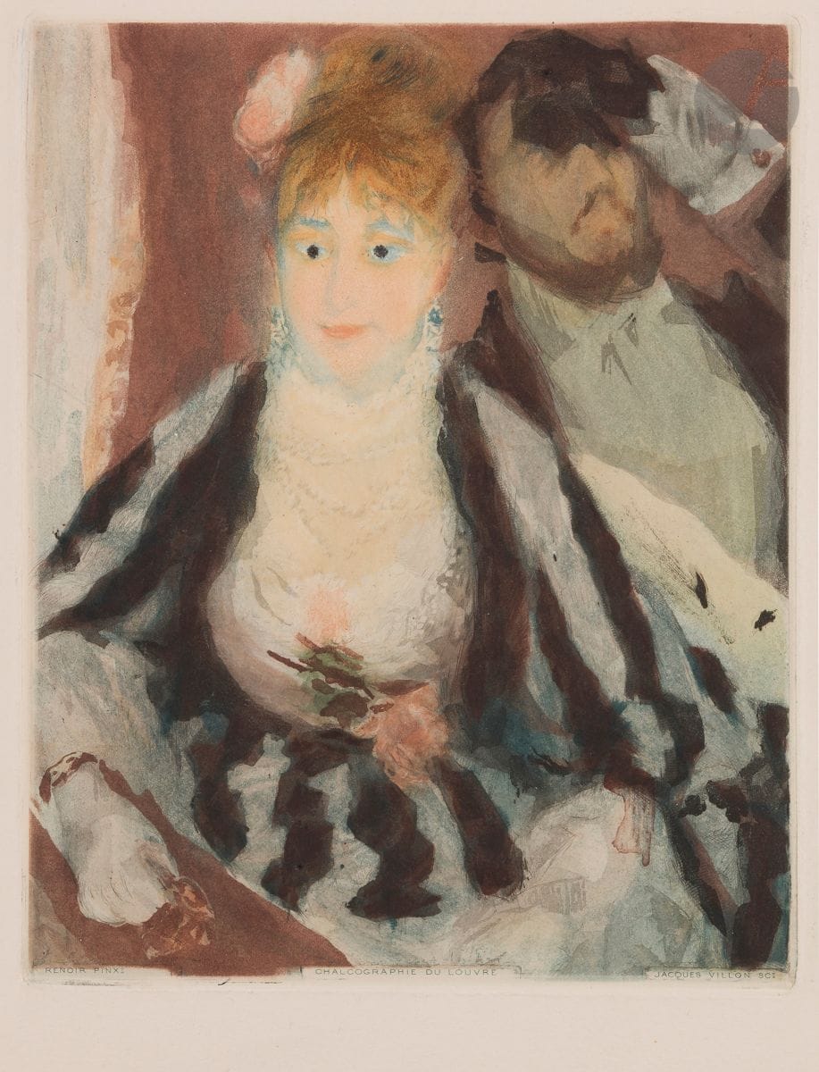 Pierre-Auguste Renoir (1841-1919)
La Loge. 1928. Aquatinte par J. Villon. 210 x 265. Ginestet et Pouillon 661. Impression en couleurs. Très belle épreuve sur vélin fort, avec la lettre gravée, du tirage effectué pour la Chalcographie du Louvre. Toutes marges.