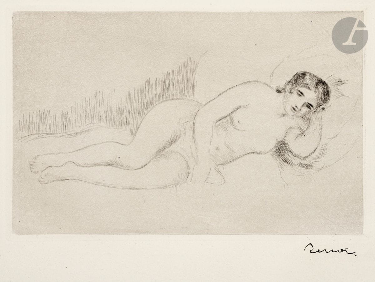 Pierre-Auguste Renoir (1841-1919)
Femme nue couchée tournée à droite (1re pl.). Vers 1906. Pointe sèche. 198 x 128. Delteil, Stella 13. Très belle épreuve sur vélin, timbrée (Lugt 2137b). Deux infimes points de rouille en marge droite. Toutes marges.