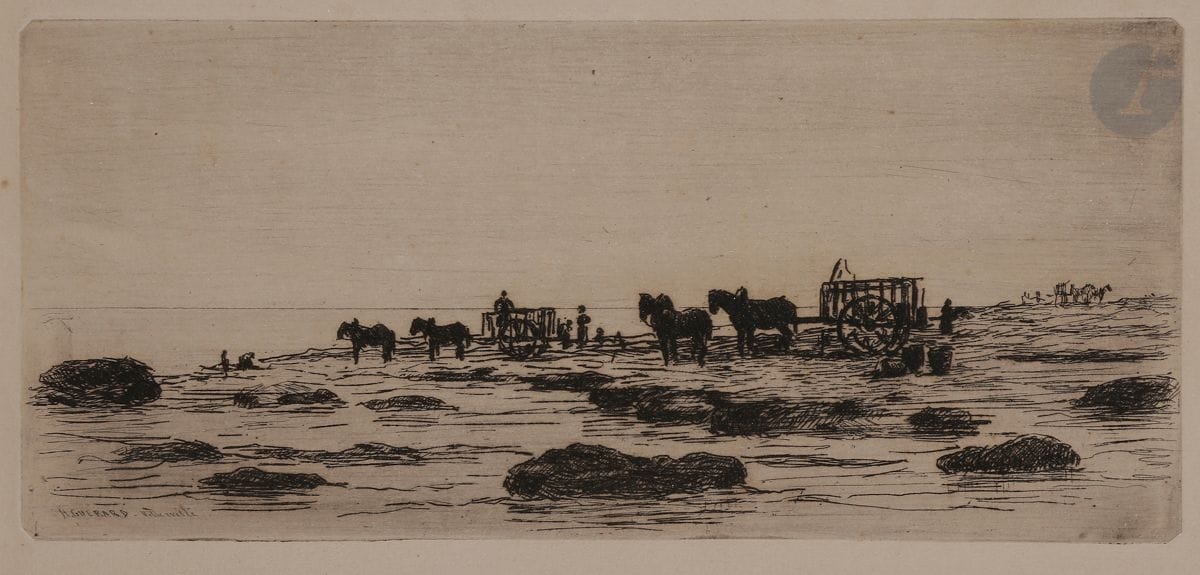 Henri Guérard (1846-1897)
La Récolte des moules (Villerville). 1876. Eau-forte. 245 x 108. Beraldi 435 ; Bertin 149. Belle épreuve sur vélin. Quelques rousseurs claires. Marges. (Pl. parue dans Paris à l’eau-forte puis dans la Gazette des beaux-arts). Cadre.