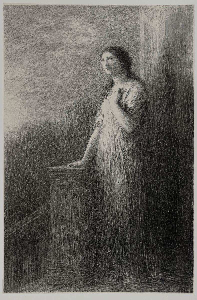 Henri Fantin-Latour (1836-1904)
Roméo et Juliette : confidence à la Nuit (2e pl.). 1903. Lithographie. 173 x 262. Hédiard-Mason 176. Très belle épreuve sur chine appliqué. Infimes rousseurs claires. Reste d’onglet le long du bord gauche du feuillet. Toutes marges. (Pl. parue dans l’Album du centenaire de Berlioz).