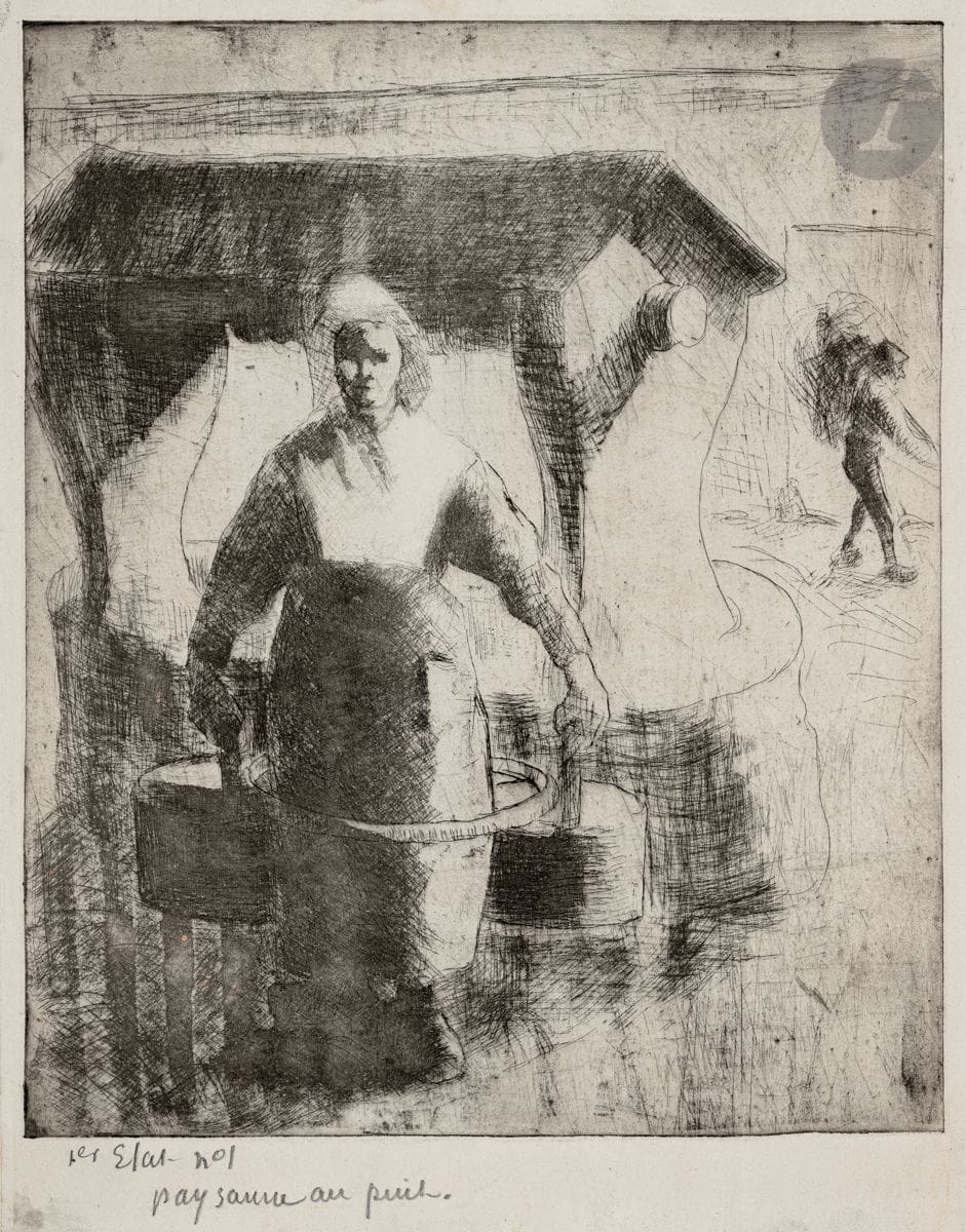 Camille Pissarro (1830-1903)
Paysanne au puits. 1891. Eau-forte. 192 x 231. Delteil-Cailac 101. Très belle et unique épreuve sur vélin mince du 1er état (sur 3), avant de nouveaux travaux dans la robe et avec les quatre coulures d’acide en bas à gauche, annotée au crayon « 1er Etat n° 1 / paysanne au puit [sic] ». Petites salissures (empreintes digitales) et courtes ondulations aux bords du feuillet. Restes d’onglets de montage aux bords latéraux du feuillet au verso. Toutes marges [210 x 267]. Tirage total à 9 épreuves du vivant de l’artiste (avant le tirage posthume à 50 épreuves). Cette épreuve citée par Delteil.