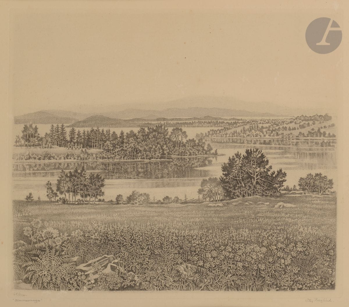 Stig Borglind (suédois, 1892-1965)
Månuppgång (Lever de lune). 1942. Eau-forte. 260 x 215. Belle épreuve sur vélin, titrée et signée au crayon. Forte insolation du feuillet. Marges. Cadre.