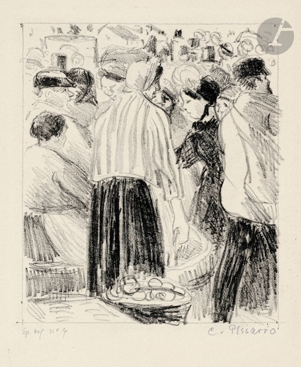 Camille Pissarro (1830-1903
)Fruit Market. About 1896. Lithograph. 145 x 170. Delteil-Cailac 156. Very nice and fresh proof on strong ivory vellum, annotated in pencil "Ep. def n° 4", signed, then titled at the foot. A tiny black dot (ink) in the left margin. Small remnants of mounting tabs (gummed kraft) at the head on the reverse. All margins. Very rare. Edition of 8 proofs during the artist's lifetime (of which only 3 were signed - before the posthumous edition of 6 proofs).
