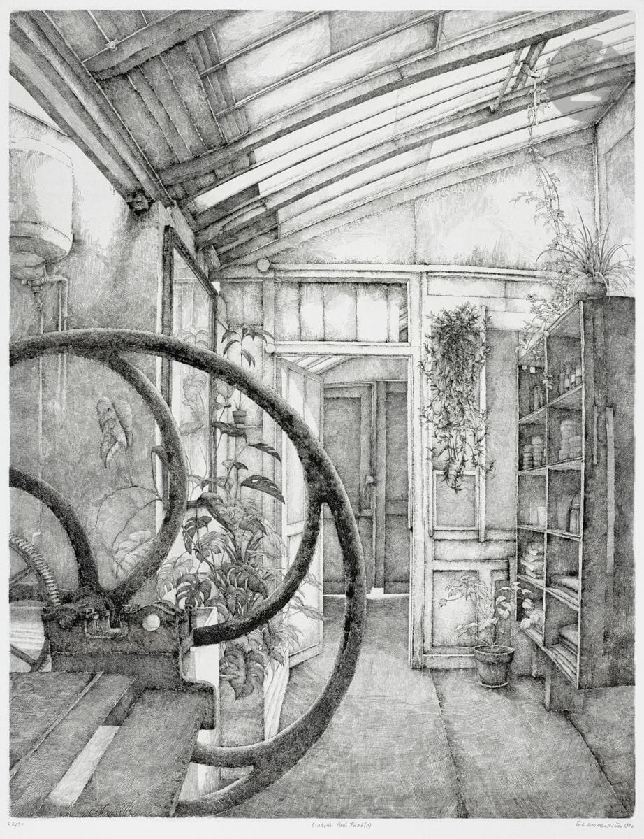 Érik Desmazières (né en 1948)
Atelier René Tazé II. 1980. Eau-forte. 522 x 675. Fitch 59. Très belle épreuve sur vélin blanc, numérotée, titrée, signée et datée au crayon. Courts plis de manipulation en tête du feuillet. Toutes marges. Tirage à 90 épreuves.
