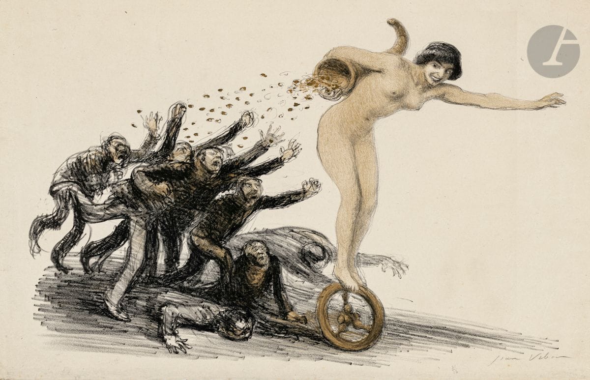 Jean Veber (1864-1928)
La Fortune poursuivie. 1910. Lithographie. 385 x 250. Veber et Lacroix 41. Impression en couleurs et à l’encre bronze doré. Très belle épreuve sur japon, numérotée et signée au crayon. Toutes marges non ébarbées. Tirage à 50 épreuves.