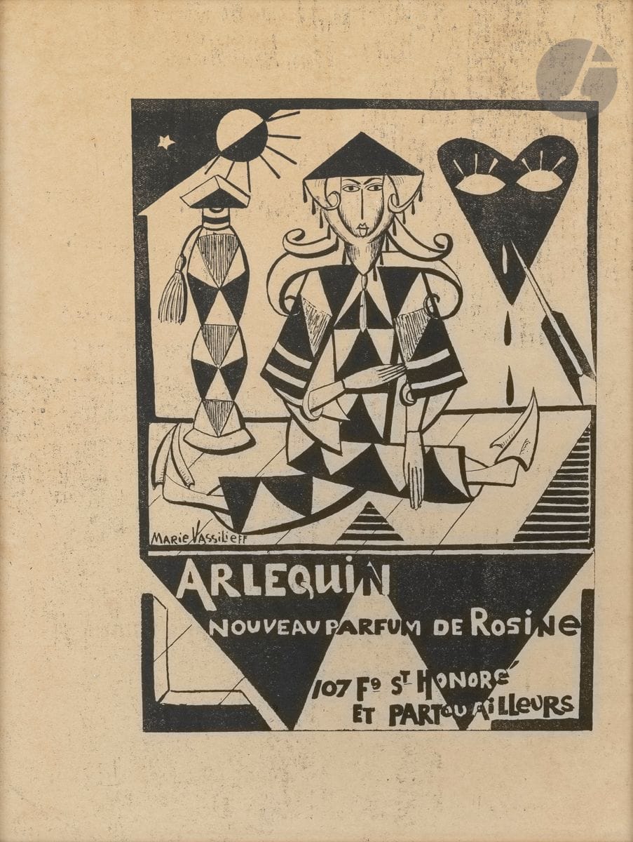 Marie Vassilieff (1885-1957)
Arlequin nouveau parfum de Rosine. 1925. Impression typographique. 155 x 218. Belle épreuve sur vélin mince ivoire [234 x 310]. Maculatures (traces de passage du rouleau) en surface. Toutes marges. Cadre.