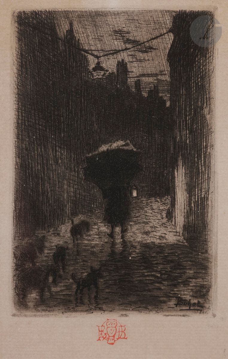 Félix Buhot (1847-1898
)Rain and umbrella. Etching. 80 x 118. Bourcard-Goodfriend 38. Nice proof on laid paper, stamped (Lugt 977). Irregular oxidation of the sheet. Margins. Framed.
