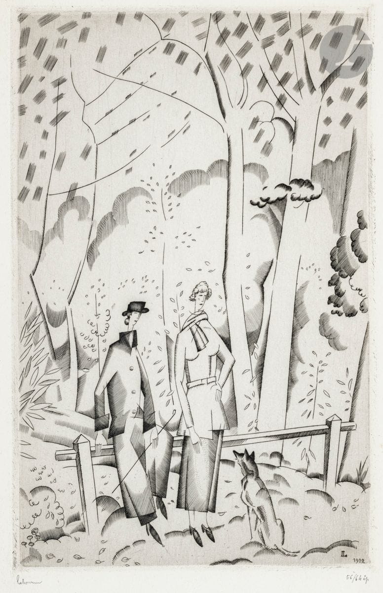 Jean-Émile Laboureur (1877-1943)
En forêt. 1922. Burin. 138 x 217. Laboureur 247. Très belle épreuve sur vélin, signée et numérotée au crayon. Toutes marges. Tirage à 78 épreuves. Cadre (avec inscription manuscrite sur le passe-partout).