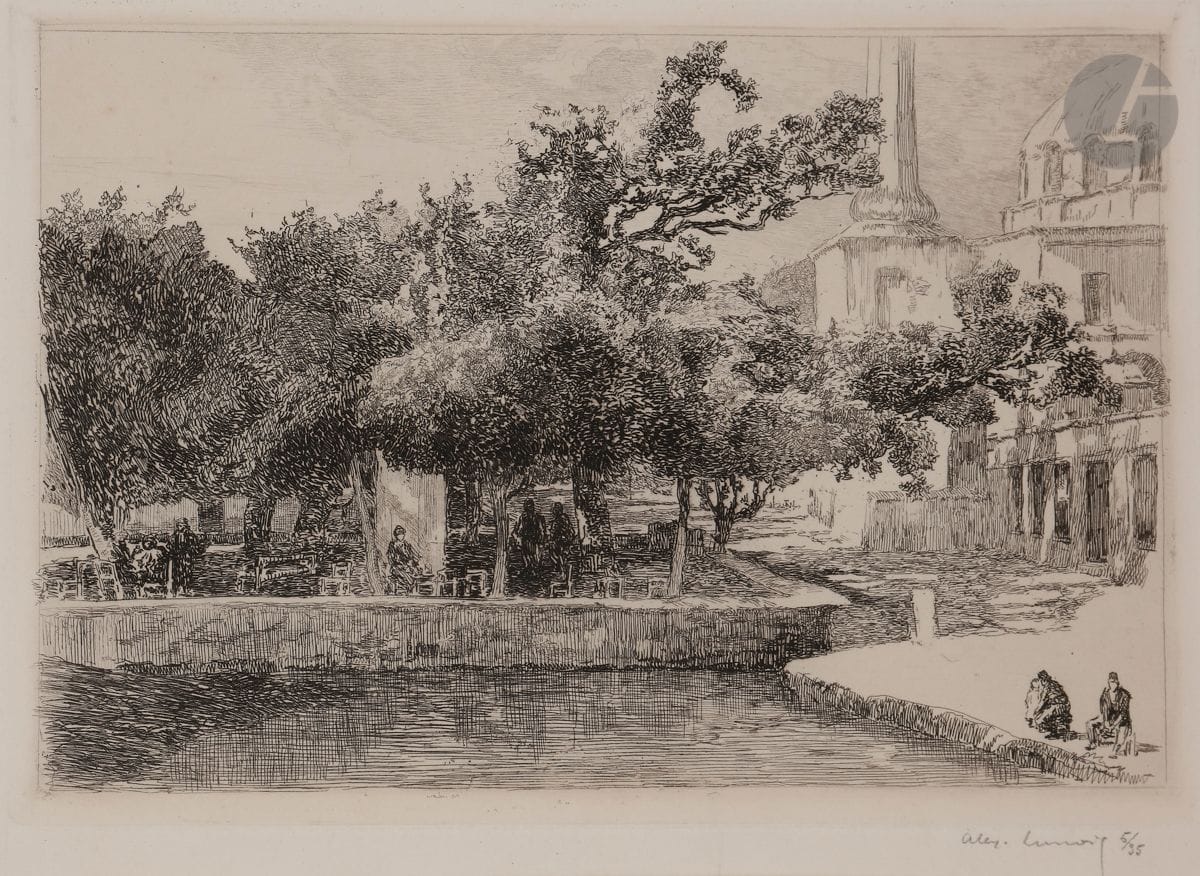 Alexandre Lunois (1863-1916)
Le Bassin de radoub à la Corne d’Or (Constantinople). Vers 1912. Eau-forte. 246 x 170. André p. 214 ; I.F.F. 166. Belle épreuve sur vélin, signée et numérotée au crayon. Marges. Tirage à 35 épreuves. Cadre.