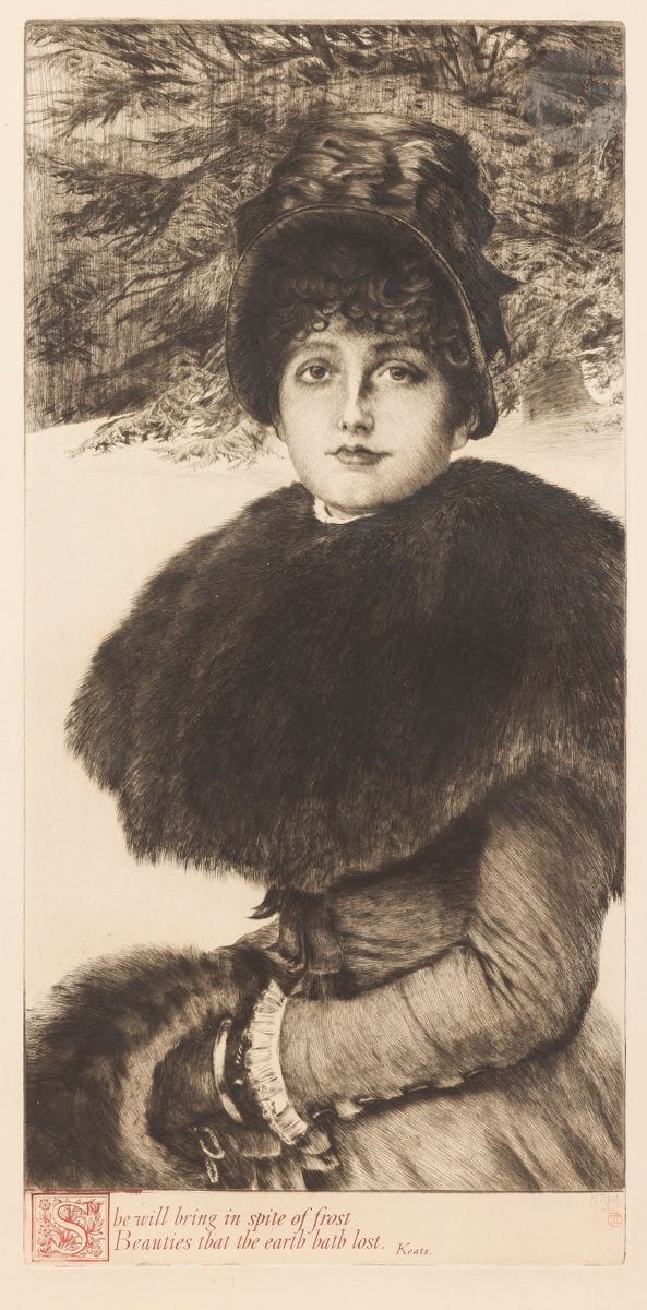 James-J.-J. Tissot (1836-1902)
Promenade dans la neige. 1880. Eau-forte et pointe sèche. 267 x 566. Wentworth 48. Superbe épreuve sur vergé fort, du 2e état (sur 3), avec la lettre tirée en rouge, timbrée (Lugt 1545). Minuscule point blanc (défaut d’encrage) sur l’aile du nez du modèle, deux autres dans la fourrure. Un point de rouille en marge droite. Quelques légères rousseurs claires. Toutes marges.