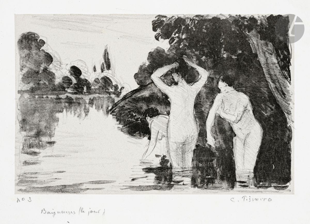Camille Pissarro (1830-1903)
Baigneuses (le jour). Vers 1895. Zincographie. 202 x 130. Delteil-Cailac 151. Très belle et fraîche épreuve sur chine appliqué, annotée au crayon « n° 3 », signée, puis titrée en pied. Rousseurs claires éparses. Toutes marges. Très rare. Tirage 20 épreuves.