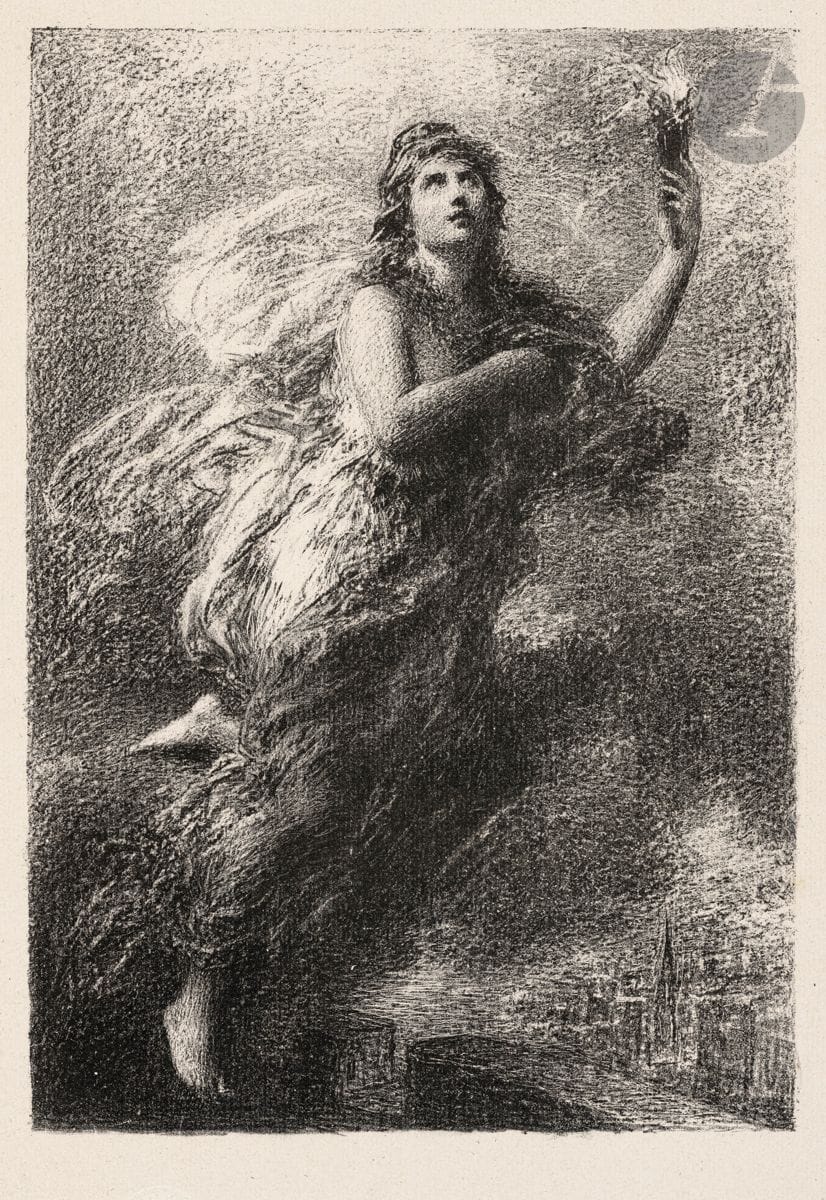 Henri Fantin-Latour (1836-1904)
La Liberté. 1892. Lithographie. 155 x 218. Hédiard-Mason 96. Très belle épreuve sur vergé mince. Toutes marges. Timbre sec : Belfond et Cie (Lugt 225d).