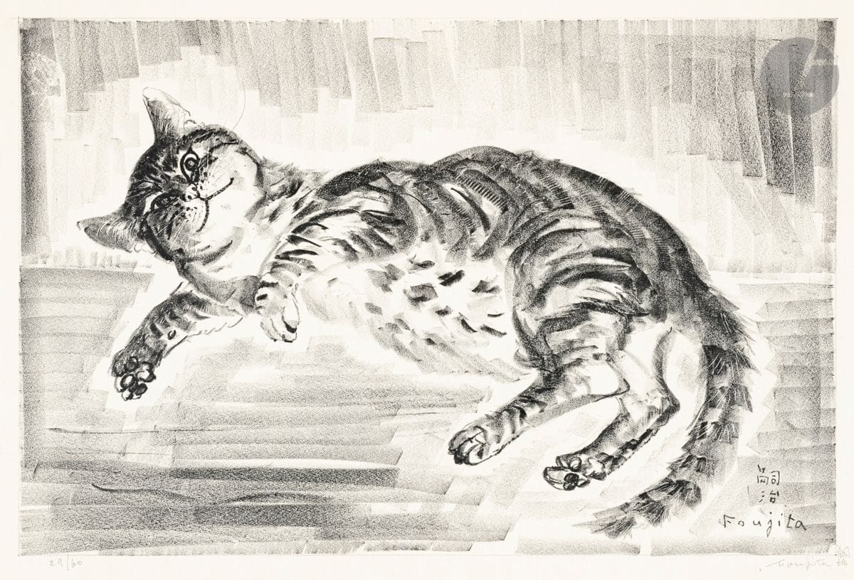 Léonard-Tsuguharu Foujita (1886-1968)
Chat allongé. 1926. Lithographie. 410 x 266. Buisson 26.103. Très belle épreuve sur japon fort, numérotée et signée (en caractères européens et en idéogrammes) au crayon. Grands chiffres « 881 » au crayon bleu au verso. Fins plis cassés, notamment verticaux dans la marge supérieure et horizontaux en marge gauche. Épidermure au bord gauche au verso. Toutes marges [522 x 394]. Tirage à 60 épreuves.