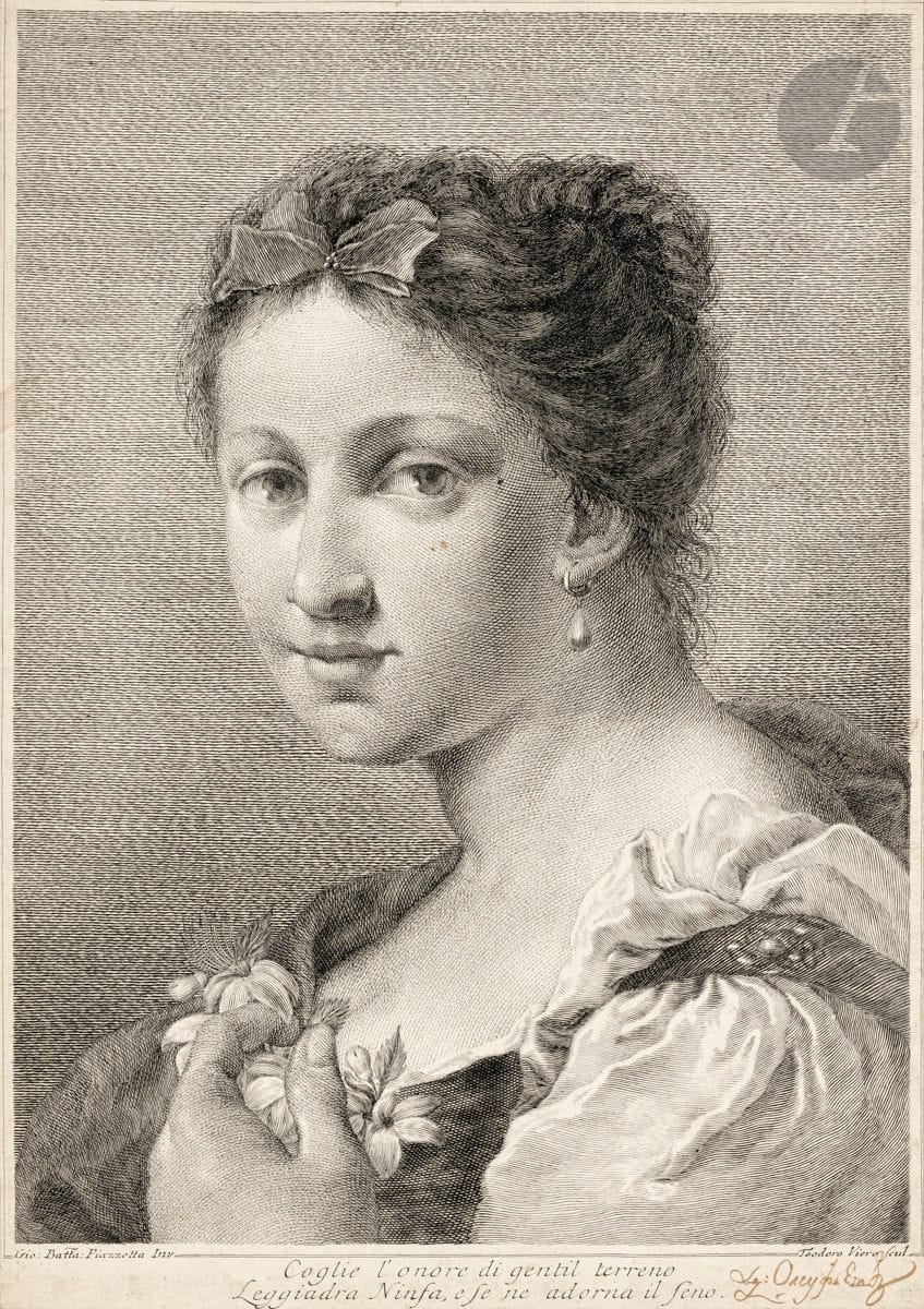 Giovanni Battista Piazzetta (1682 ou 1683-1754) (d’après)
Jeune fille à la poitrine ornée de fleurs. Gravé par T. Viero. 285 x 400. Belle épreuve rognée à l’intérieur du coup de planche mais bien complète de la tablette, montée avec fausses marges à l’imitation d’un encadrement de dessin à filets. Petite annotation à la plume et à l’encre sépia dans l’angle inférieur droit sous le nom du graveur. Pli horizontal médian de séchage. Empoussiérage.