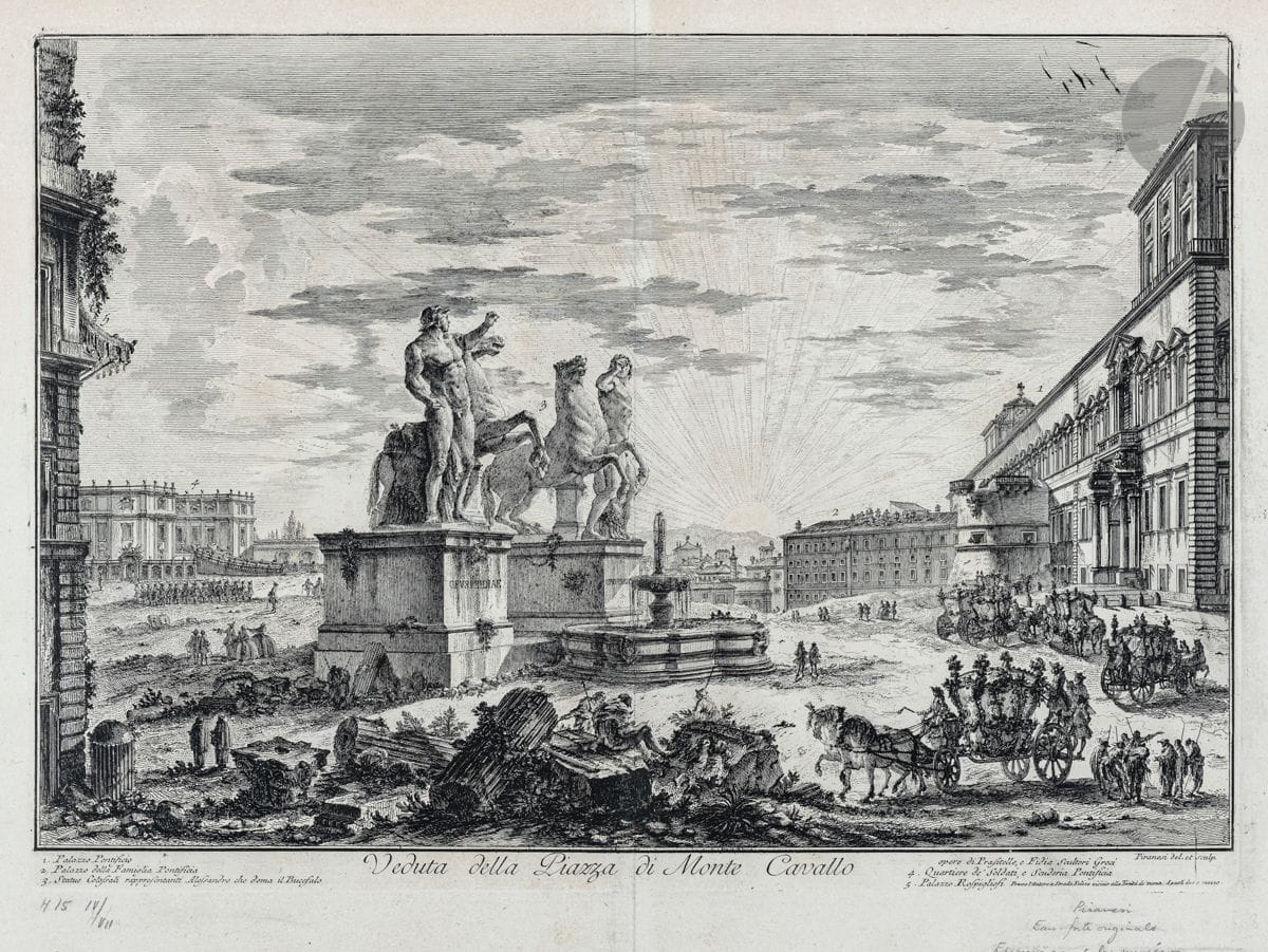 Giambattista Piranesi (1720-1778)
Veduta della Piazza di Monte Cavallo (place du Quirinal). 1750. Eau-forte. 545 x 395. Hind 15 (iv/vi). Belle épreuve sur vergé, avant les numéros (tirage romain), anciennement lavée. Légère oxydation du feuillet. Pli vertical médian. Anciennes annotations de marchand au crayon dans la marge inférieure. Belles marges. Cadre.