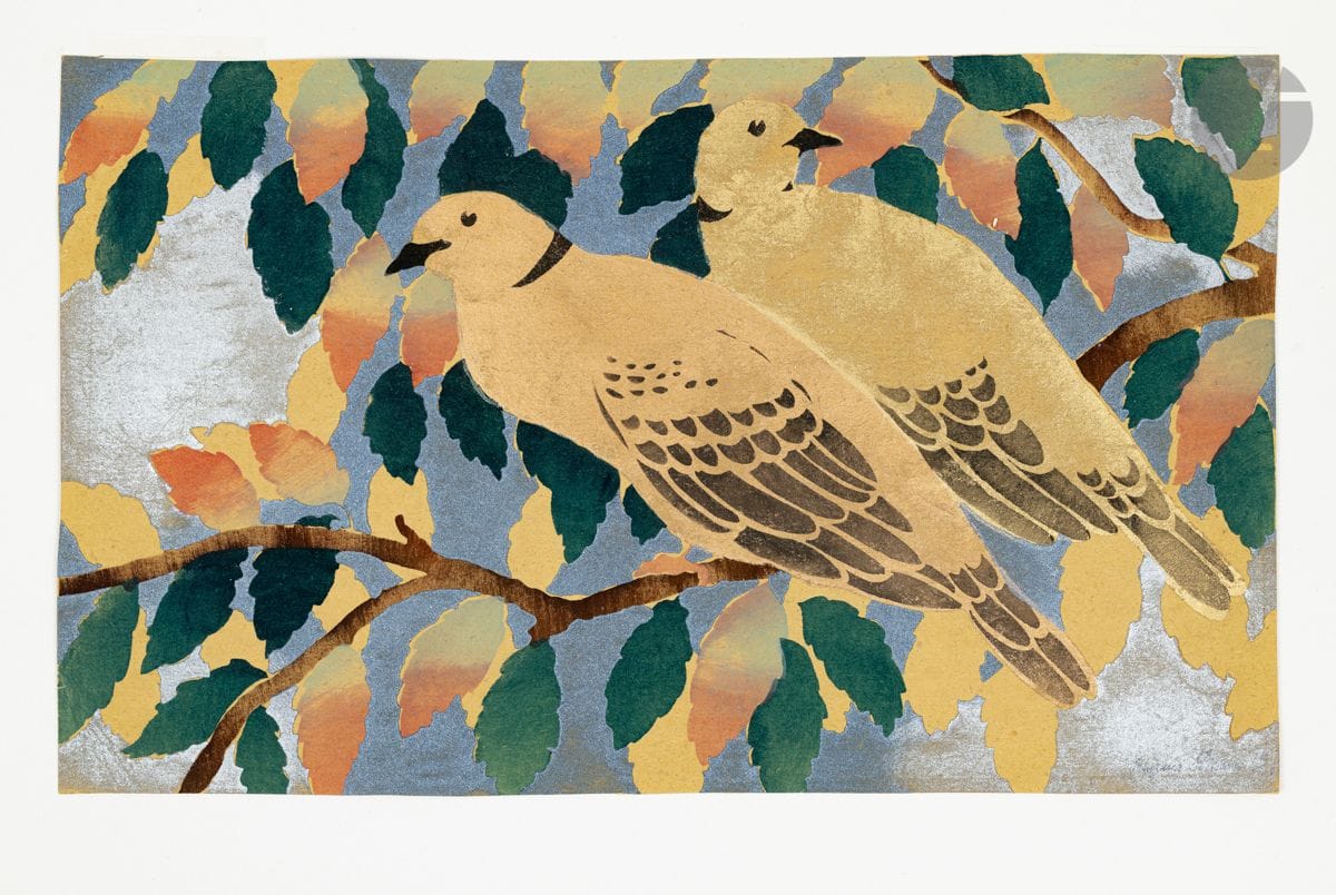 Georges Manzana-Pissarro (1871-1961)
Deux tourterelles. Vers 1920. Pochoir en couleurs et à l’encre bronze doré et argent. 452 x 273. Très belle et fraîche épreuve tirée pleine feuille sur papier « boucherie » jaune, numérotée et signée à l’encre. Tirage à 100 épreuves.