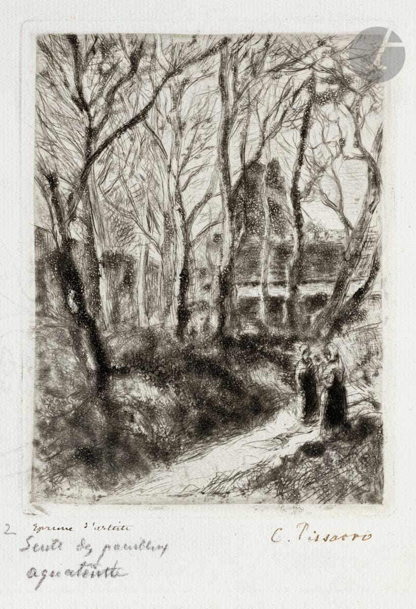 Camille Pissarro (1830-1903) 
 Sente des Pouilleux (petite pl.). 1882. Pointe sèche et aquatinte. 120 x 158. Delteil-Cailac 33. Très belle et fraîche épreuve sur vergé mince de Hollande, annotée à la plume et à l’encre sépia « Epreuve d’artiste » puis signée, et annotée au crayon « N° 2 / Sente des Pouilleux / aquateinte [sic] ». Toutes marges non ébarbées. Rare. Tirage à 9 ou 10 épreuves du vivant de l’artiste (avant le tirage posthume à 24 épreuves).