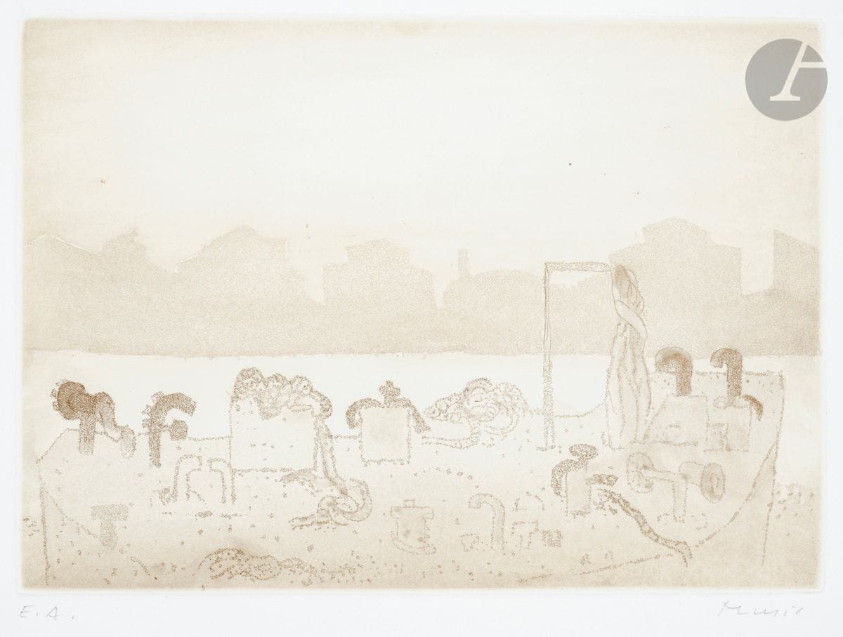 Zoran Mušič (1909-2005)
Pl. 3 (sur 6) pour l’album Sechs Ansichten des Canale della Giudecca, texte de Peter Handke, Widrich, 1981. Eau-forte et aquatinte. 278 x 200. Impression en bistre. Parfaite épreuve sur vélin blanc, justifiée « E.A. » et signée au crayon. Toutes marges non ébarbées. Tirage définitif à 100 épreuves.