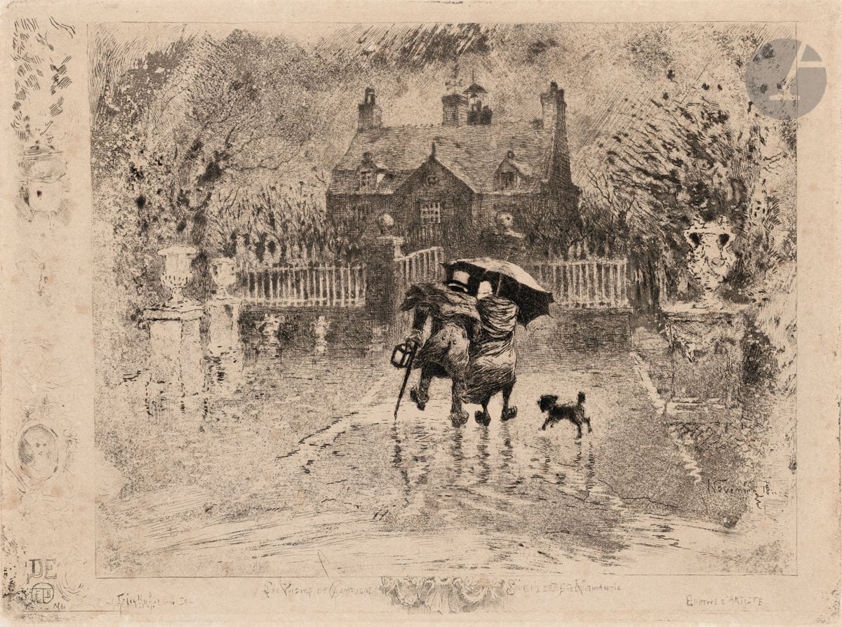 Félix Buhot (1847-1898)
Les Voisins de campagne. 1879-1880. Eau-forte et pointe sèche. 180 x 136. Bourcard-Goodfriend 148. Belle épreuve sur vélin fort, du 4e état (sur 5), avec la lettre mais avant les croquis en marge droite du cuivre, rognée au coup de planche. Oxydation du feuillet.