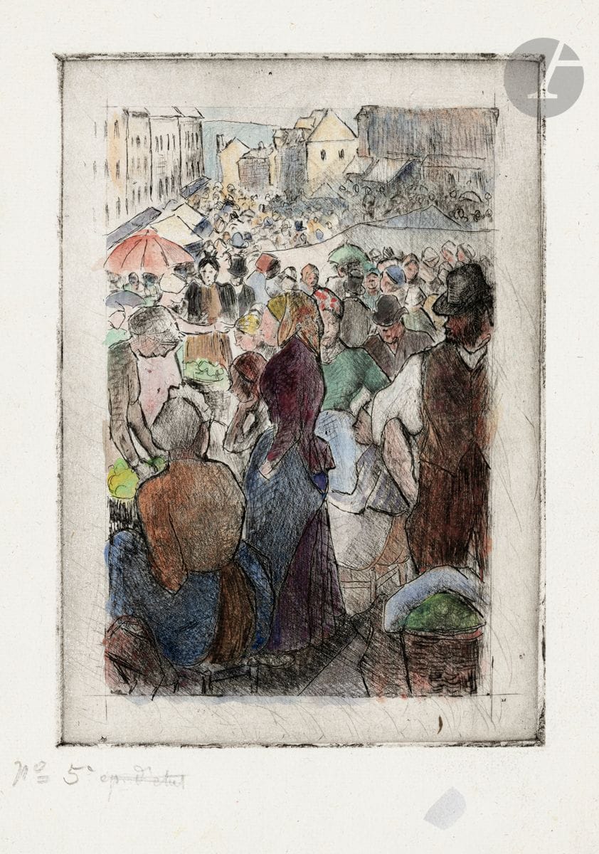 Camille Pissarro (1830-1903)
Marché de Gisors (rue Cappeville). Vers 1894. Eau-forte. 140 x 197. Delteil-Cailac 112. Très belle et fraîche épreuve sur vergé ancien mince, du 3e état (sur 7), avant réduction du cuivre (Delteil donnant comme dimensions : 110 x 170 mm), annotée « n° 5 » suivie de la mention « ép. d’état » biffée, largement rehaussée à l’aquarelle. Fins friselis survenus au tirage. Légères rousseurs dans l’angle supérieur gauche. Toutes marges. Rare. Tirage définitif à 9 épreuves en couleurs (puis retirages en 1923 et 1930).
