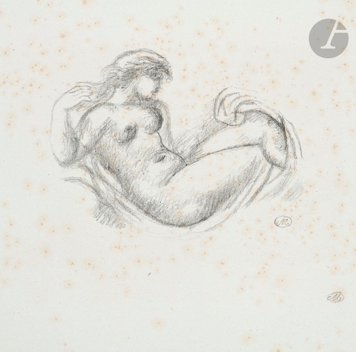 Aristide Maillol (1861-1944
) Woman in a cradle, right arm raised. 1925. Lithograph. 195 x 145. Guérin 267. Nice proof on Montval laid paper, signed with the monogram in pencil. Numerous light scattered foxing. All margins. Ex-coll. H. M. Petiet (Lugt 5031).
