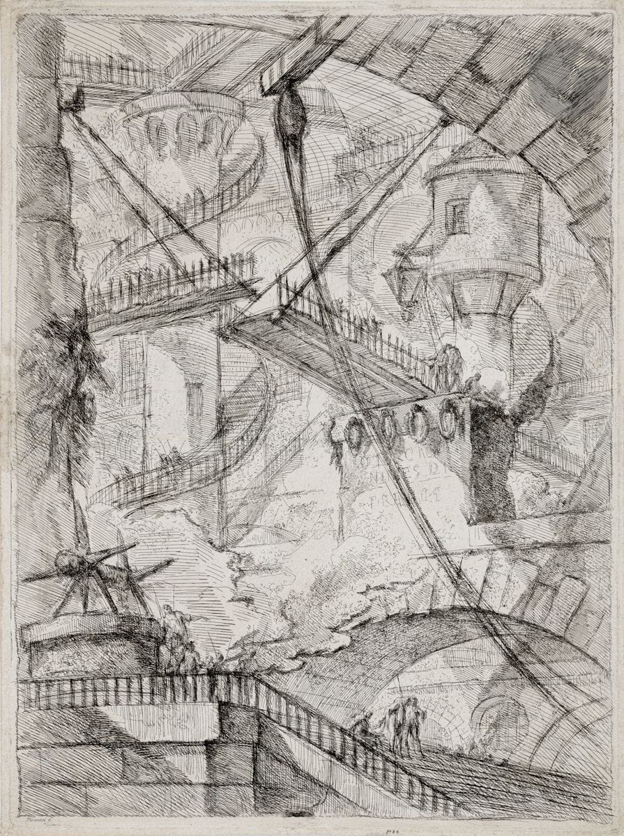 Giambattista Piranesi (1720-1778)
Le Pont-levis. (Carceri, pl. 7). 1749. Eau-forte. 407 x 550. Hind 7 ; Robison 33. Rare épreuve sur vergé fort, du 1er état (sur 6), avec le nom gravé mais avant de nombreux travaux, notamment le pont-levis, la chaîne et les deux poutres dans l’angle inférieur gauche du sujet, lavée et habilement restaurée. Petites taches grisâtres persistantes en pied au verso et au bord gauche au centre. Fines bandes de papier gommé aux bords latéraux du feuillet au verso. Marges étroites [422 x 562].