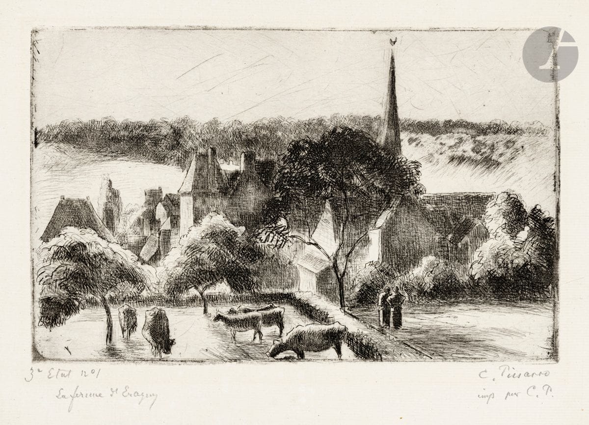 Camille Pissarro (1830-1903)
Église et ferme d’Éragny. 1895. Eau-forte et pointe sèche. 245 x 155. Delteil-Cailac 96. Très belle épreuve sur vélin mince crème filigrané « van gelder », annotée « 3e état n° 1 » et titrée au crayon, puis signée et annotée « imp par C. P. », avant de nouvelles tailles notamment dans le ciel et dans les fonds (cette épreuve reproduite par Cailac dans son édition révisée de Delteil, Alan Wofsy Fine Arts, 1999, p. 212). Les bords du cuivre très encrés. Petites traces de colle oxydées en tête au verso. Toutes marges non ébarbées. Très rare. Tirage à une dizaine d’épreuves, tous états confondus.
 Cette planche fit aussi l’objet de tirages d’essai en couleurs au moyen de 4 planches, puis de retirages posthumes en 1923 et 1930.
