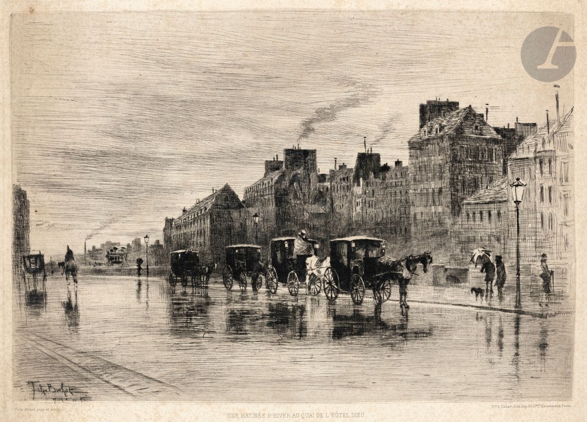 Félix Buhot (1847-1898)
Une matinée d’hiver, quai de l’Hôtel-Dieu, ou Les Fiacres. Eau-forte et pointe sèche. 320 x 239. Bourcard-Goodfriend 123. Bonne épreuve sur vergé, du tirage Cadart, fortement oxydée. Nombreuses rousseurs (et taches en pied). Petit arrachement en tête. Bonnes marges (légèrement réduites).
