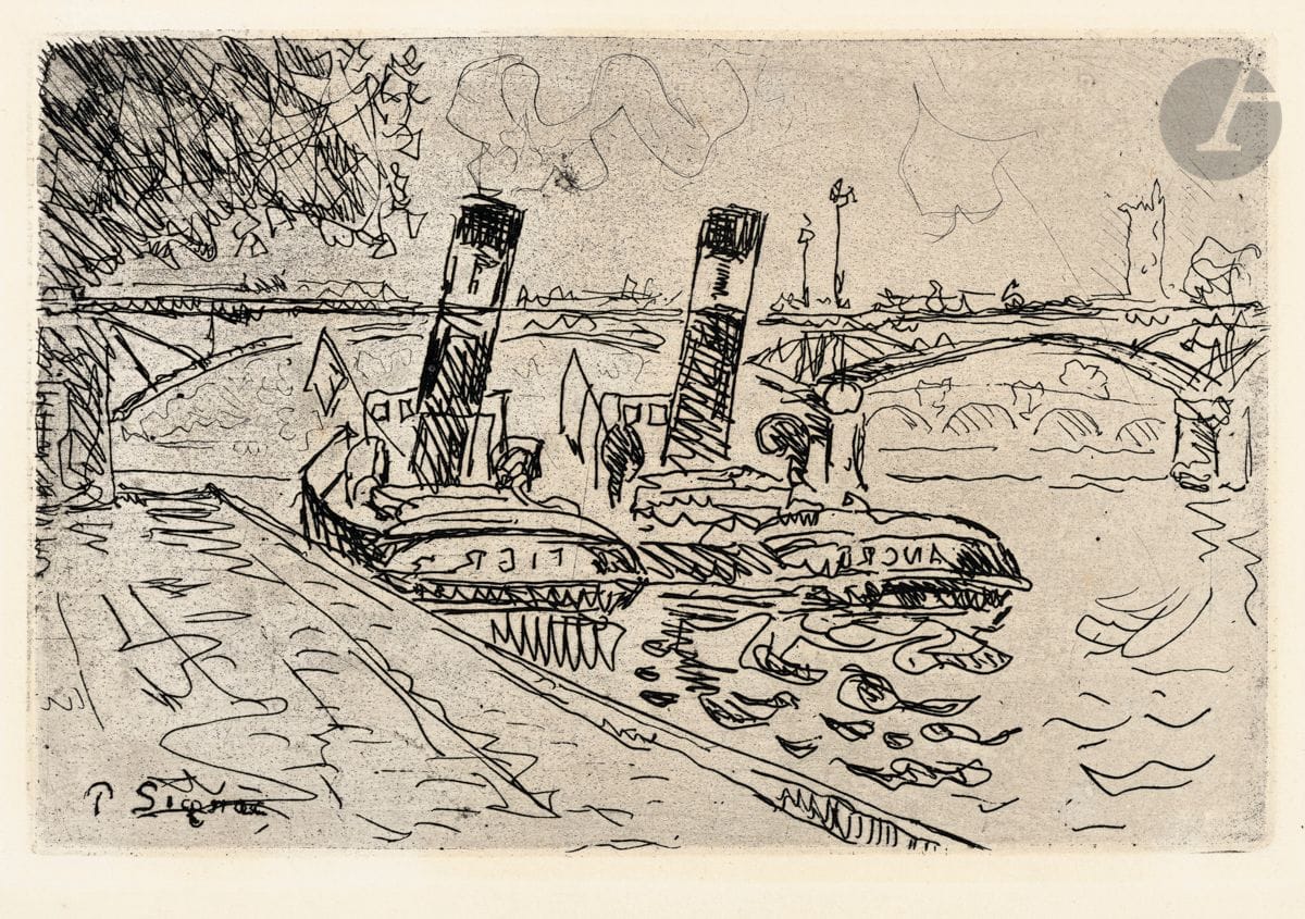 Paul Signac (1863-1935)
Le Pont des Arts avec remorqueurs. 1927. Eau-forte. 190 x 125. Kornfeld et Wick 24. Très belle épreuve sur simili-japon fort. Toutes marges. 
 Planche prévue pour paraître dans Dix Peintres au XXe siècle, R.-G. Michel éd., Paris (en réalité souvent vendue au détail car sur les 250 exemplaires annoncés, seuls 100 furent constitués).