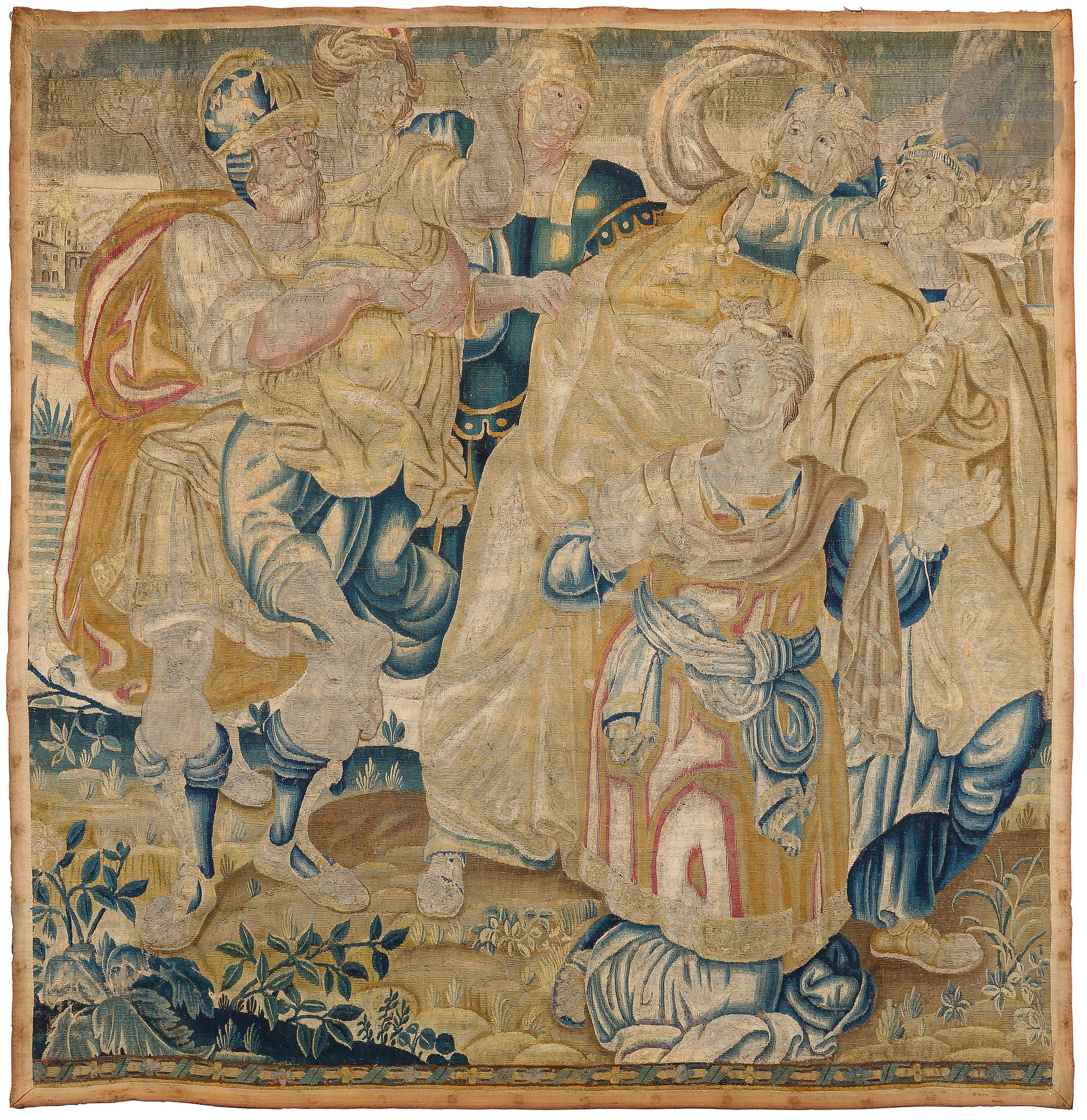 Tapisserie des Flandres représentant l’enlèvement des sabines ; (accidents et restaurations) ; (sans bordure).
XVIIe siècle.
H : 230 cm, L : 215 cm