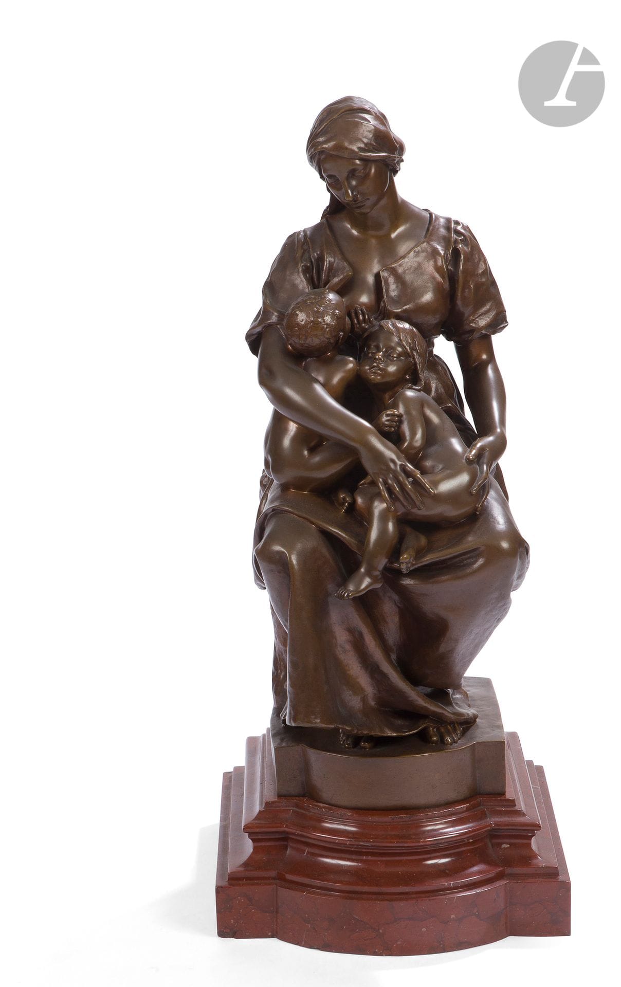 Paul Dubois (1827-1905)
La Charité
Bronze with a light brown patina shaded with red
Signed " P. Dubois " on the back
Founder's mark " F. Barbedienne Fondeur "
H: 49 cm and rests on a base in red Morello cherry marble H: 10 cm

Related work:
Paul Dubois, La Charité, bronze master model, between 1876 and 1879, Barbedienne fondeur, H. 95.5 cm; L. 38 cm; P. 50 cm

Related literature:
Florence Rionnet, Les Bronzes Barbedienne. The work of a dynasty of founders (1834-1954), Arthena, 2016, p. 314 -315, model listed under cat. no. 692.
 On the death of General de La Moricière (1806-1865), General Changarnier and the committee he presided over wished to see a funerary monument erected in the cathedral of Nantes in honour of the deceased. Such a privilege is explained by General de La Moricière's involvement with Pope Pius IX, whose troops he led. 
The project began in 1869, entrusted to the architect Louis Boitte and the sculptor Paul Dubois. Both will find in the Renaissance a source of inspiration. The works of Paul Dubois betray the Michelangelo influence, particularly in the allegorical figure of Military Courage. Alongside the latter three other virtues come to exalt the life of the general. In addition to Military Courage, the virtues of Faith, Wisdom and Charity are also represented from other angles. 
This one is presented at the Salon of 1876, alongside Military Courage. The admiration aroused by these two sculptures is such that they are described as "masterpieces of contemporary sculpture". The work loses its original meaning as an allegory of charity and becomes instead a republican symbol of fertility and abundance represented by the mother figure. It was an immediate success and these two works earned Paul Dubois the Medal of Honour for Sculpture as well as the recognition of the Academy, which offered him the opportunity to succeed Perraud at the Institute.