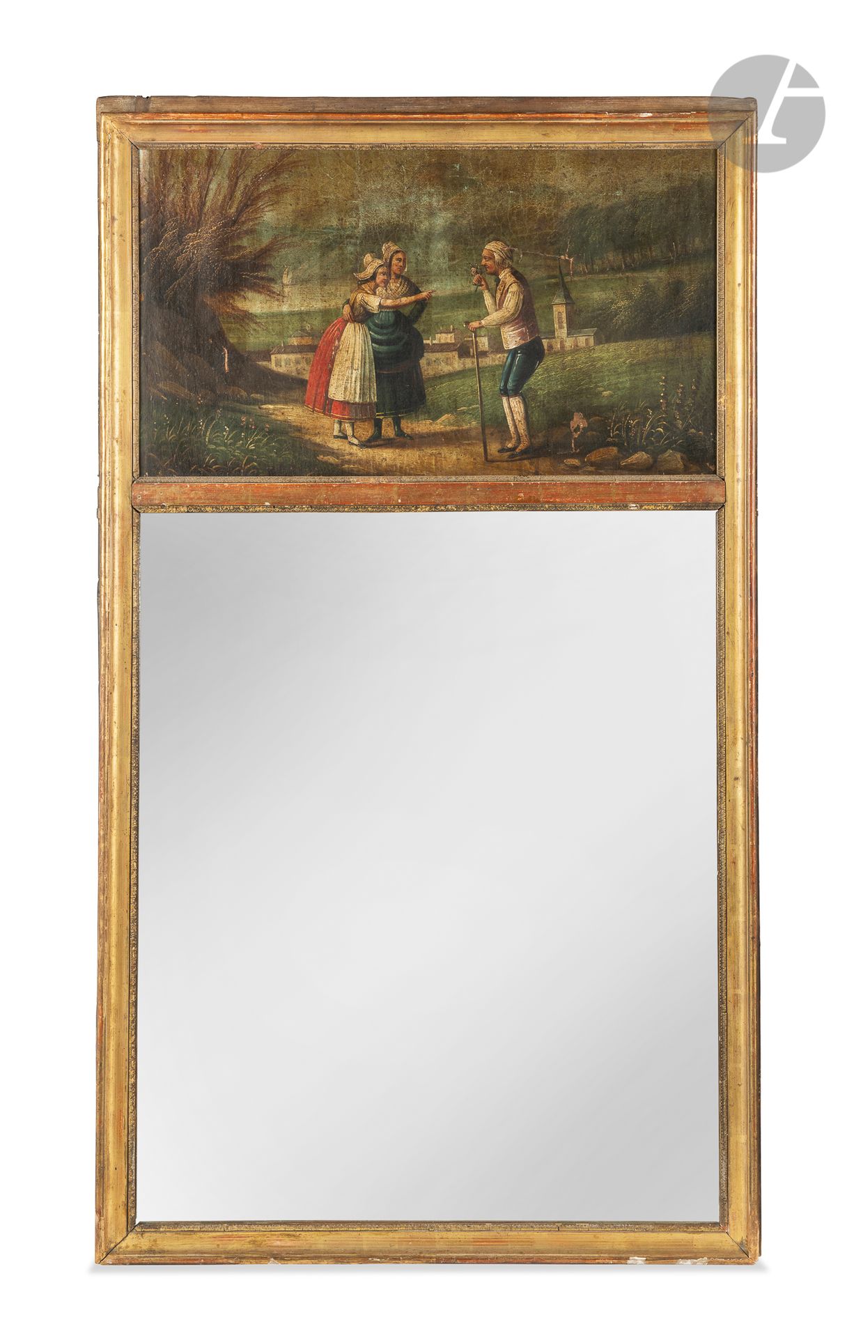 Trumeau en bois doré incorporant une peinture sur toile représentant un vieil homme courtisant deux jeunes femmes.
Début du XIXe siècle (accidents et restaurations).
H : 130 cm, L : 73 cm