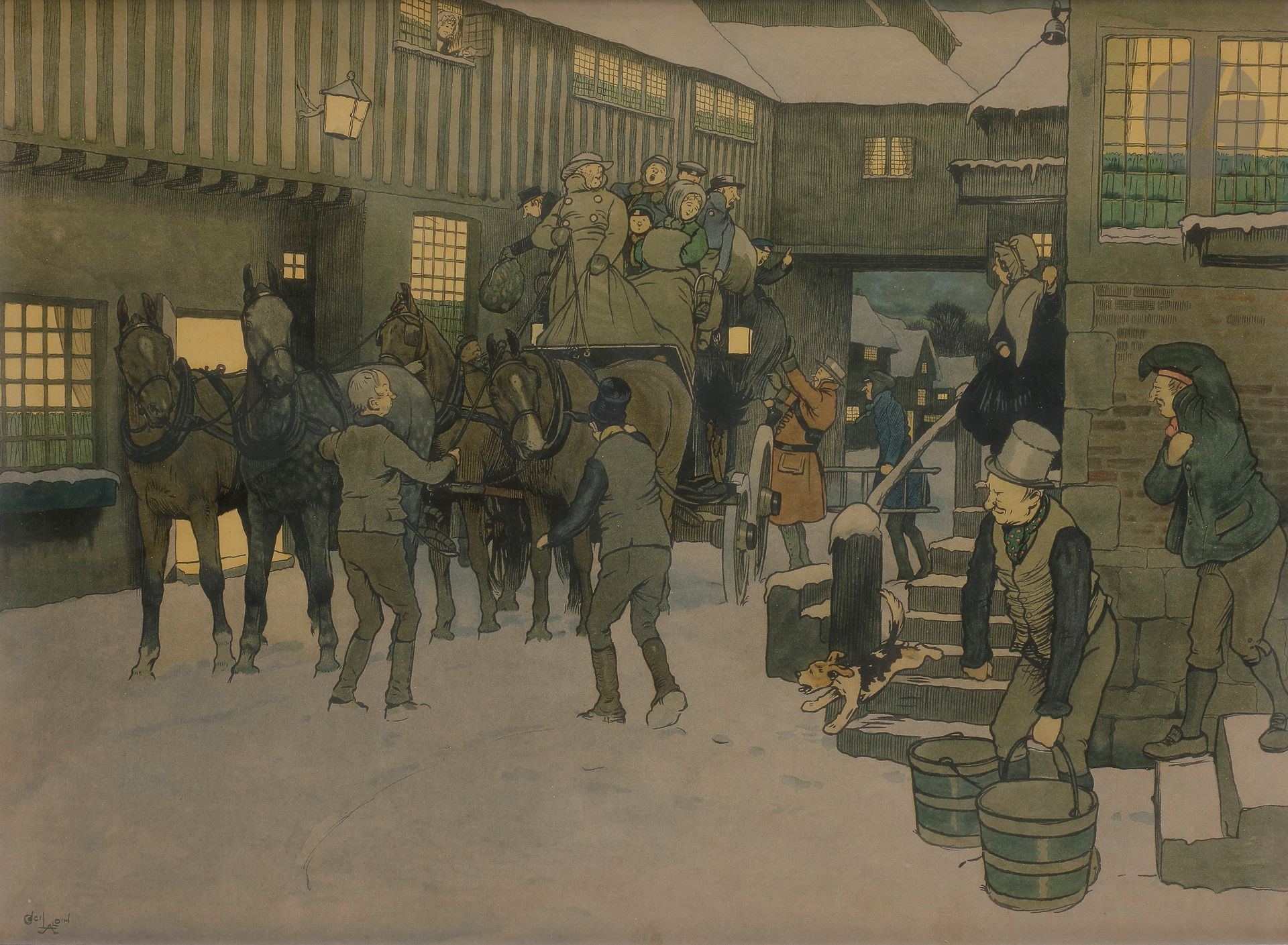 Cecil ALDIN (1870-1935)
Christmas dinner at the inn; The departure of the stagecoach in winter
Two colour lithographs signed in the lower left corner of the plate
35,5 x 49 cm (at sight)