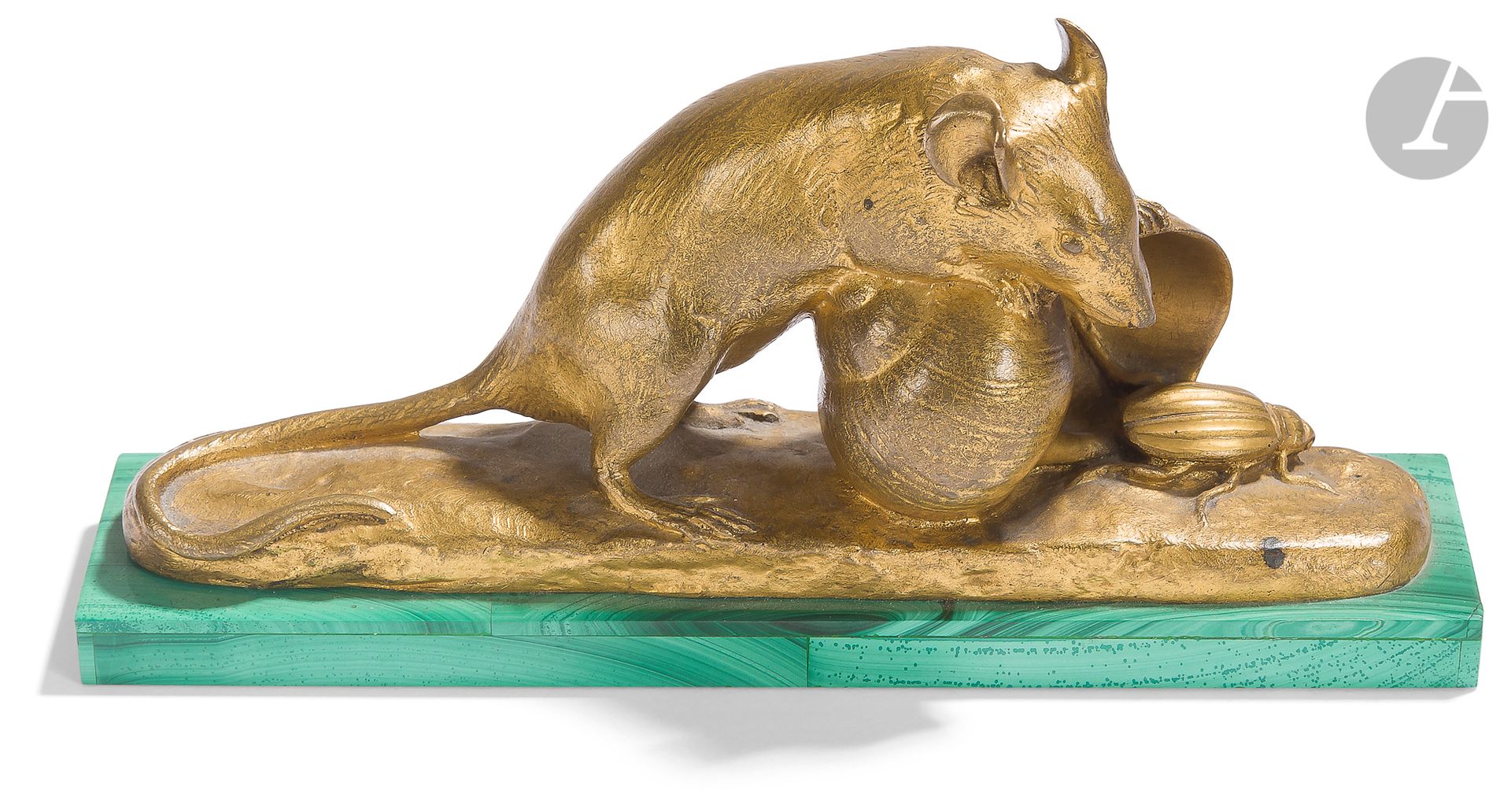 Georges Gardet (1863-1939)
Mouse with snail and beetle
Golden bronze.
Signed " G. Gardet " on the terrace
Bears the founder's mark " F BARBEDIENNE. Fondeur " 
H: 7.5 cm and terrace 15.6 x 3.5 cm: on a malachite base

Related work:
Georges Gardet, Souris et escargot, circa 1897, biscuit, H. 6.7 x L. 25 x W. 4.5 cm, Paris, Musée d'Orsay, inv. OAO 162

Related literature:
Florence RIONNET, Les Bronzes Barbedienne. L'œuvre d'une dynastie de fondeurs (1834-1954), Paris Arthena, 2016, cat. 912 and 914, p. 340.