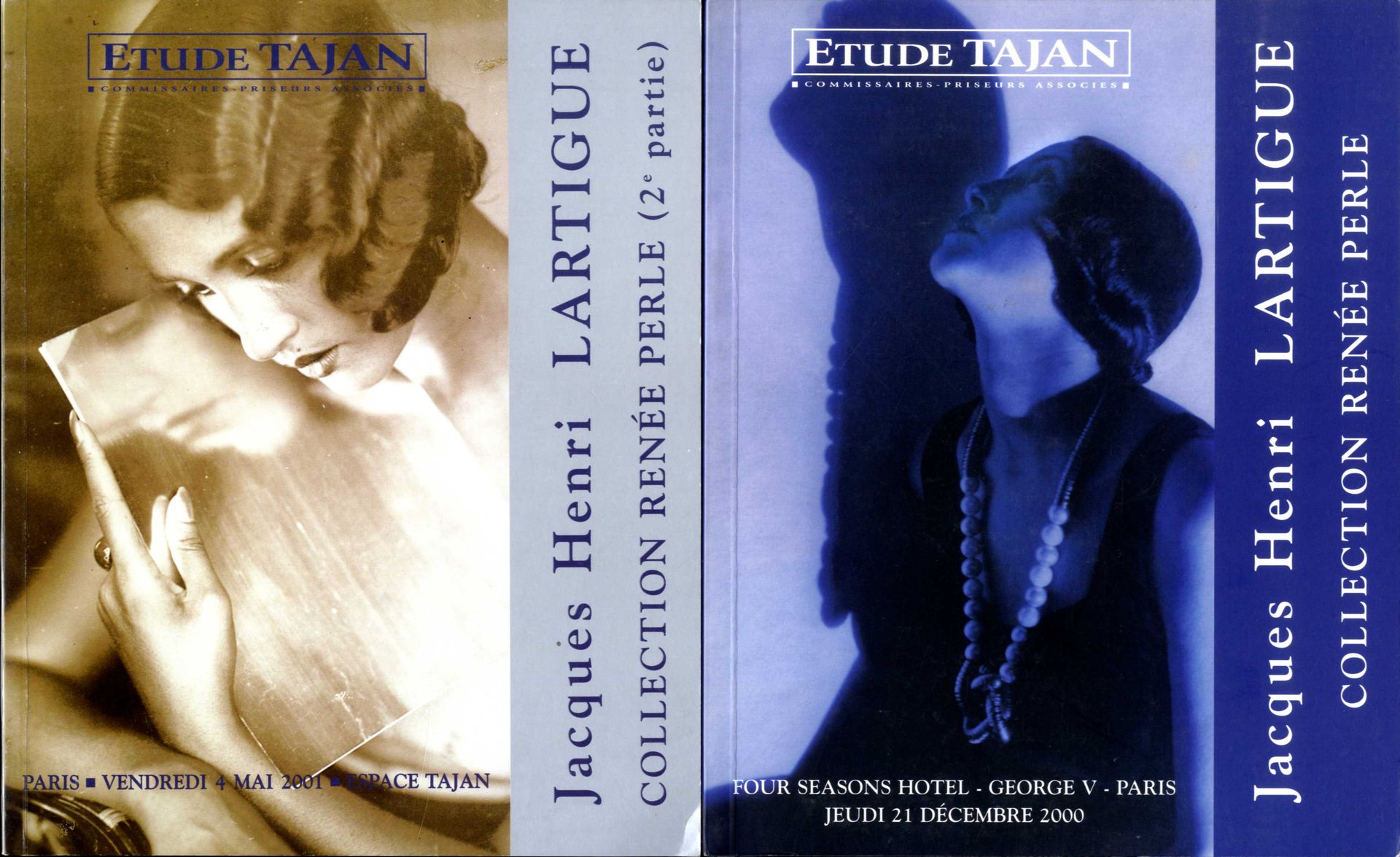 LARTIGUE, JACQUES-HENRI (1894-1986)
« Renée, un instant de ma vie», Collection Renée Perle.
Catalogue de vente aux enchères du jeudi 21 décembre 2000 et du vendredi 4 mai 2001.
Etude Tajan, Paris, 2000-2001.
Deux volumes in-8 (20 x 24 cm). Édition originale brochée, 60 + 74 p., 204 photographies en noir et blanc ou en bistre ou bleuté. Texte introductif sur Jacques Henri Lartigue, Renée Perle et sur la collection Renée Perle. Couverture cartonnée souple illustrée, dos carré.